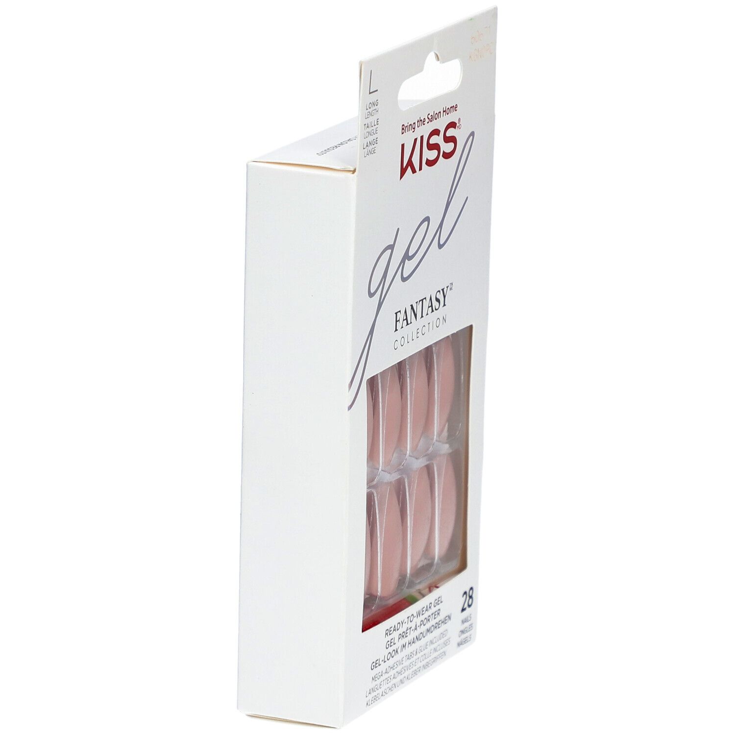 KISS Gel Fantasy Nägel Verpackung, Seitenansicht. Rosa Nägel sichtbar. Marke KISS.