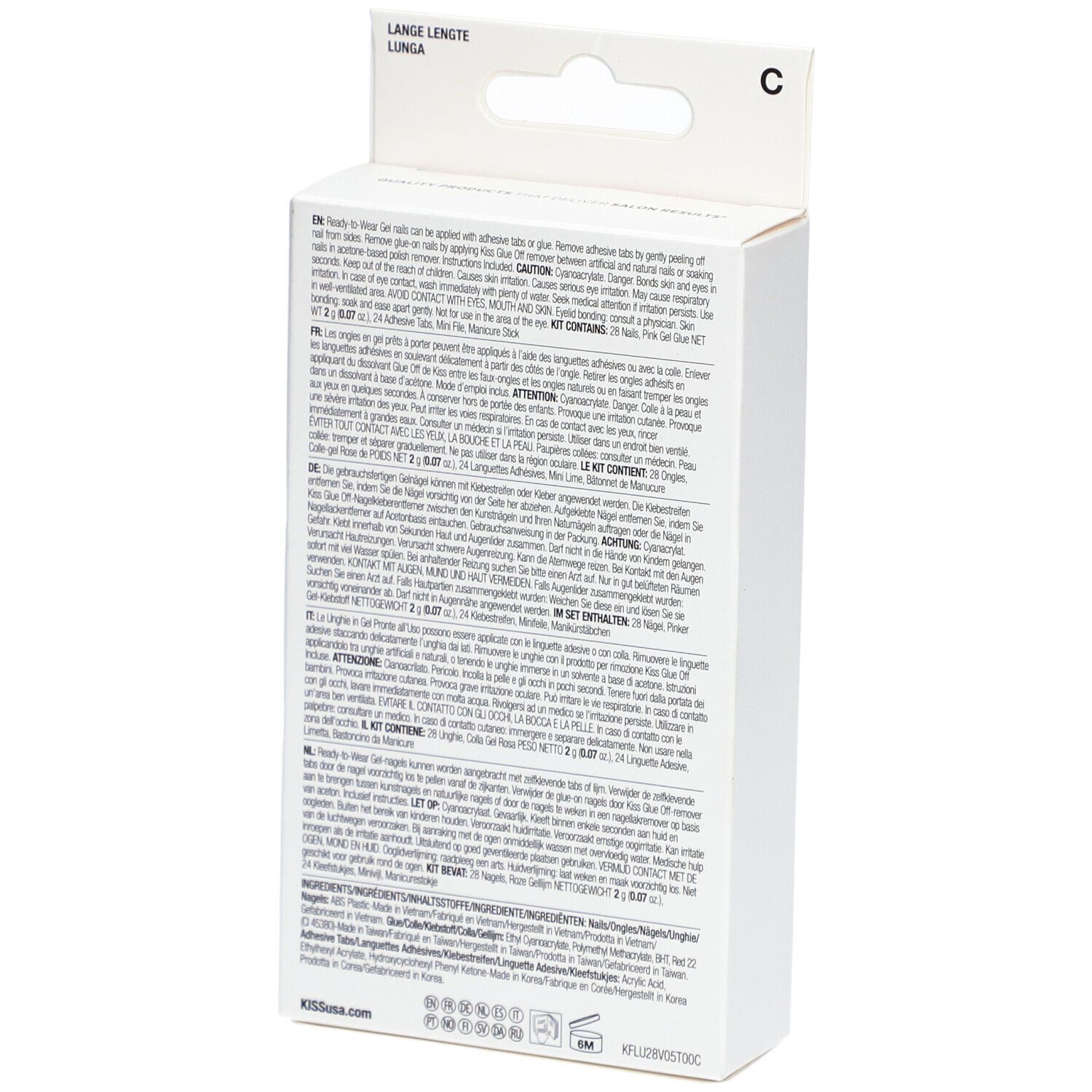 Rückseite der KISS Gel Fantasy Verpackung. Text in mehreren Sprachen. Enthält 28 Nägel.