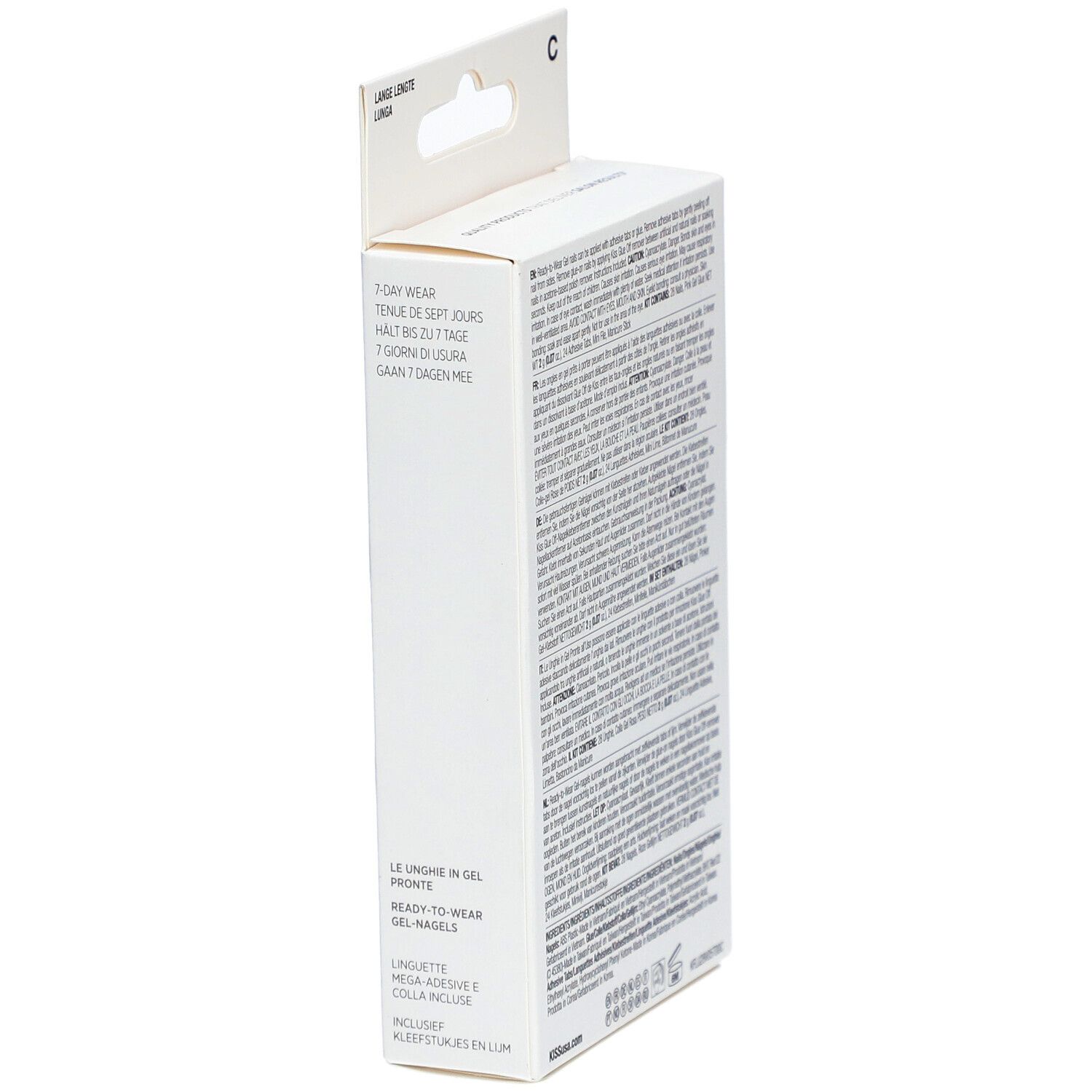 Seitenansicht der KISS Gel Fantasy Verpackung. Text in mehreren Sprachen. 7 Tage Haltbarkeit.