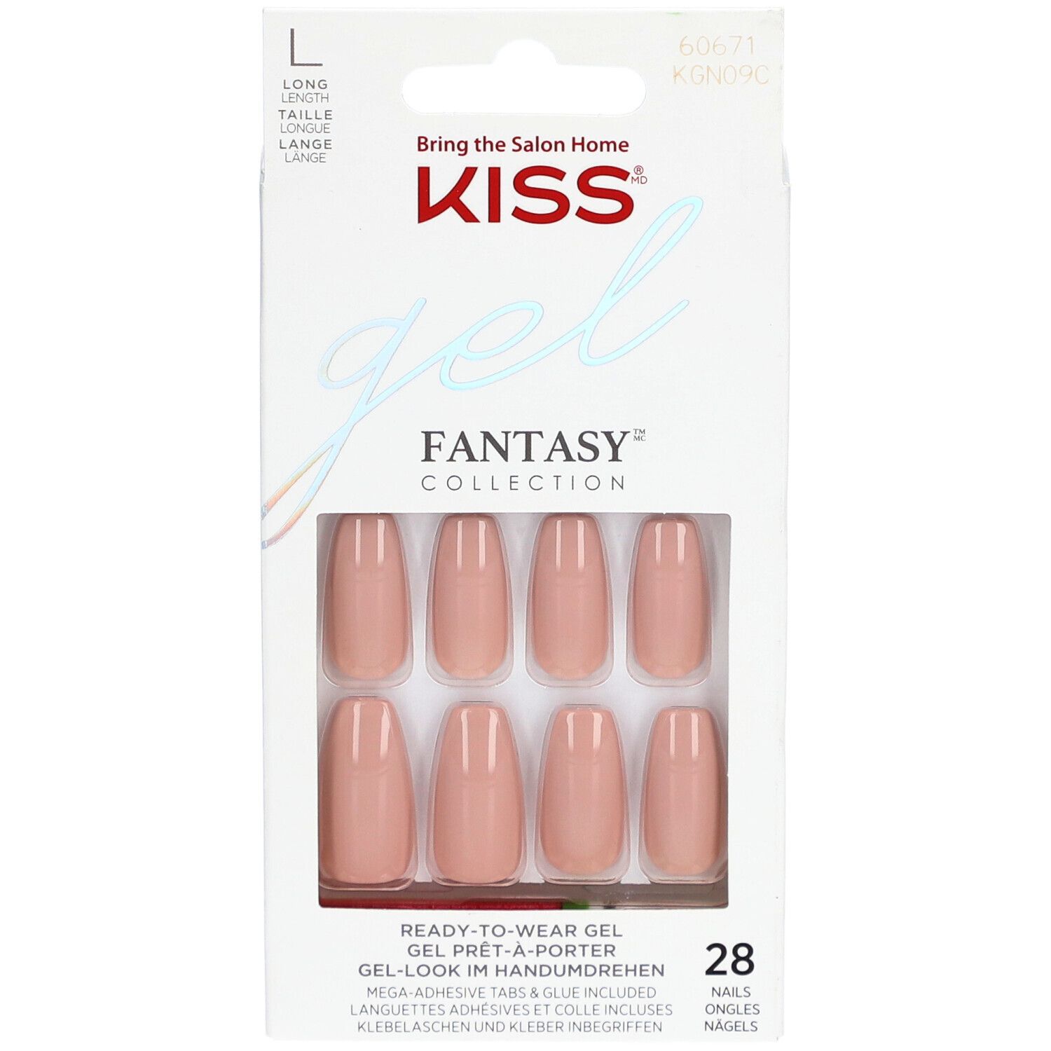KISS Gel Fantasy Nägel in Verpackung. Rosa, ovale Form. 28 Stück. Marke und Produktbezeichnung sichtbar.
