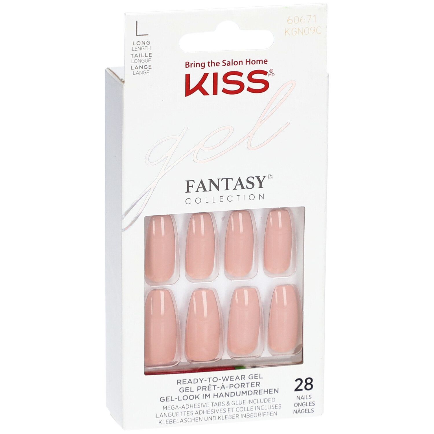 KISS Gel Fantasy Nägel in Verpackung. Rosa, ovale Form. 28 Stück. Marke und Produktbezeichnung sichtbar.