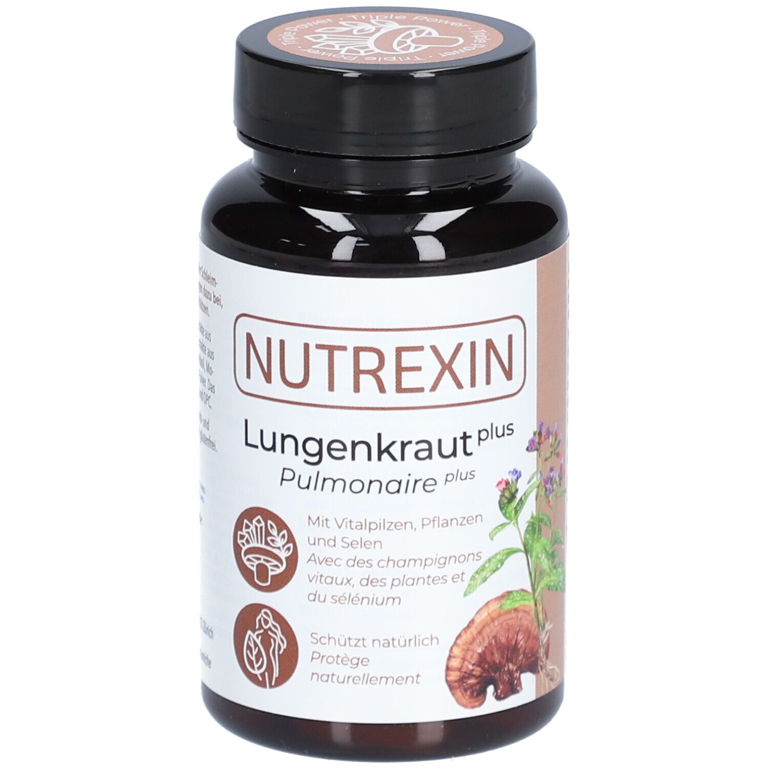 Braune Flasche mit Kapseln. Aufschrift: NUTREXIN Lungenkraut plus. Mit Vitalpilzen, Pflanzen und Selen. Illustrationen von Pilzen und Pflanzen.