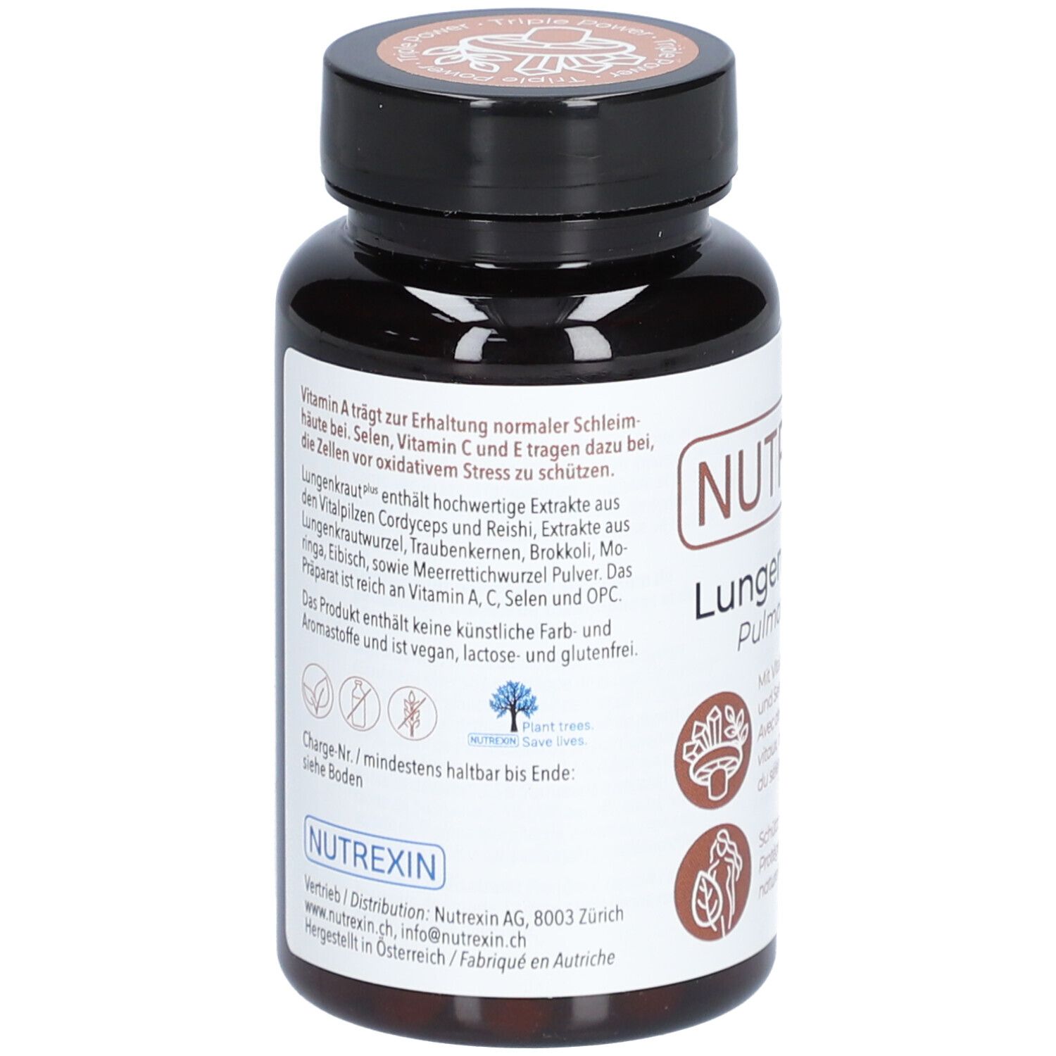 Rückseite der Flasche. Text: NUTREXIN Lungenkraut plus. Inhaltsstoffe, Hinweise. Logo: Nutrexin. Informationen zu Charge und Mindesthaltbarkeit.