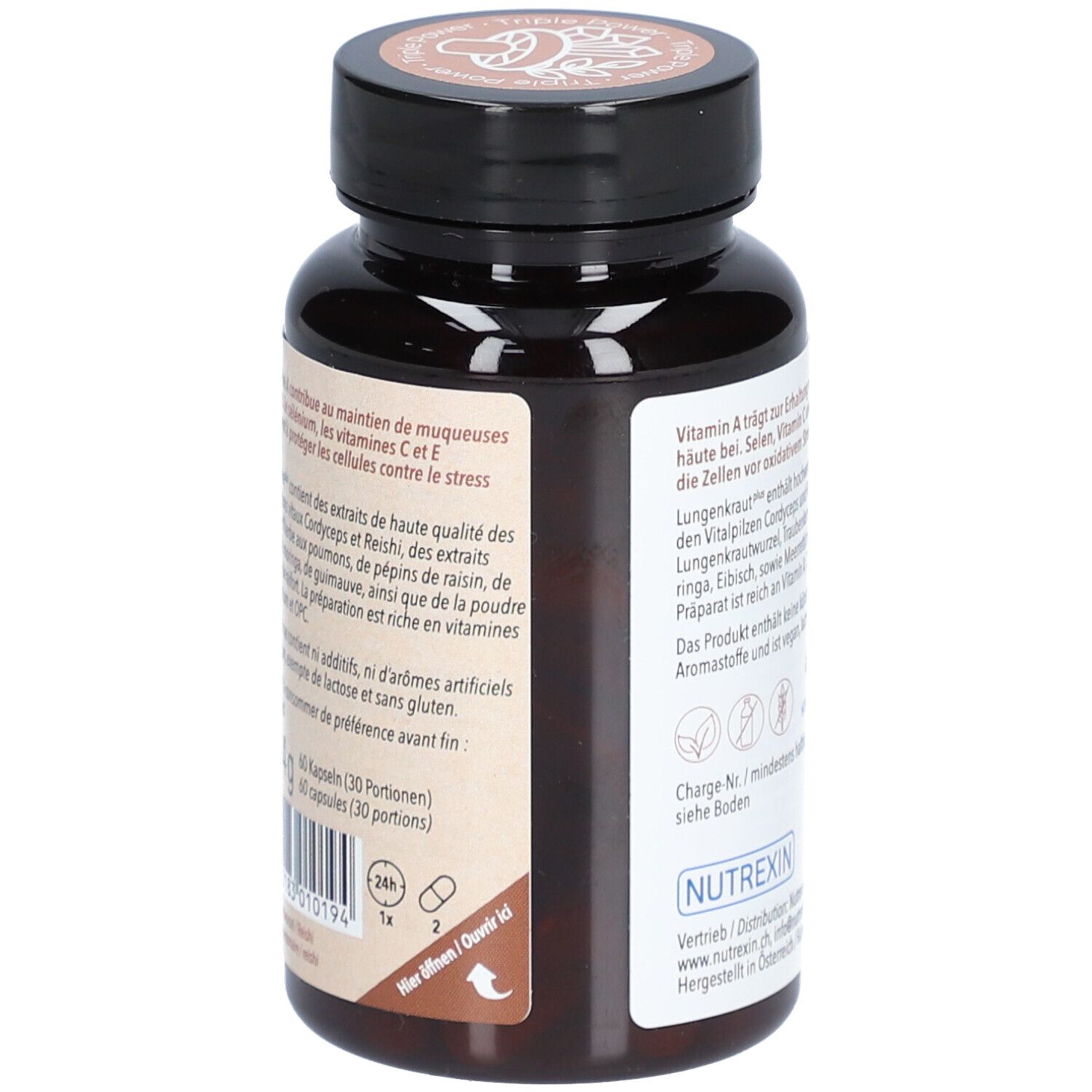 Rückseite der Flasche. Text: NUTREXIN Lungenkraut plus. Inhaltsstoffe, Hinweise. Informationen zu Charge und Mindesthaltbarkeit. 60 Kapseln.