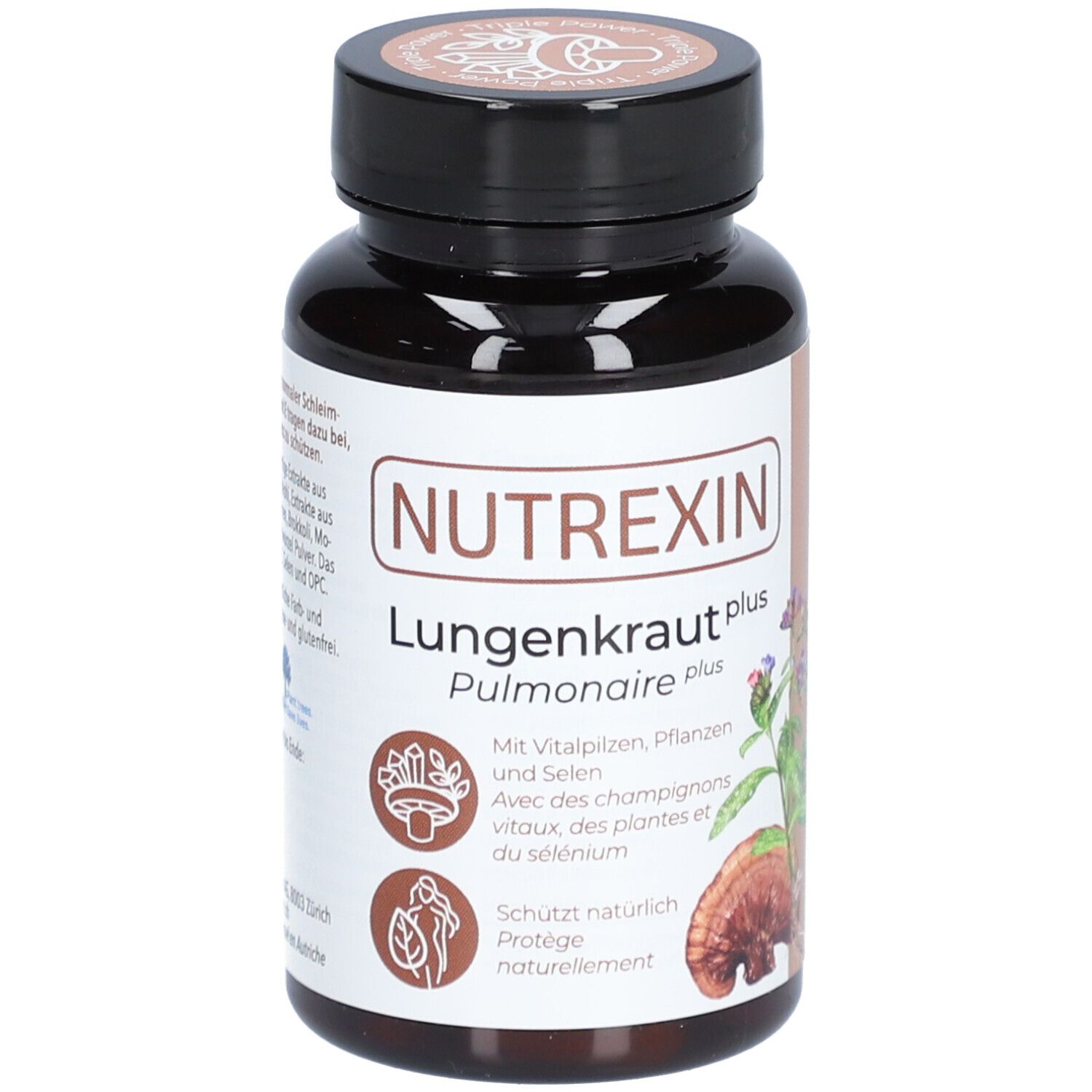 Braune Flasche mit Kapseln. Aufschrift: NUTREXIN Lungenkraut plus. Mit Vitalpilzen, Pflanzen und Selen. Illustrationen von Pilzen und Pflanzen.