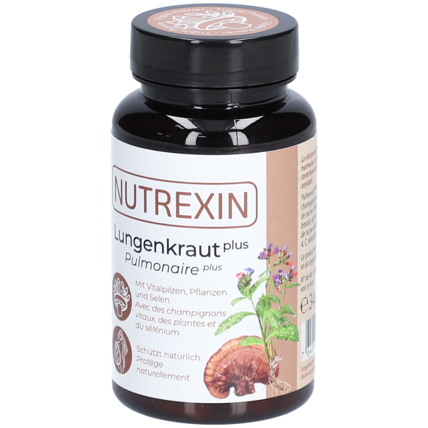 Braune Flasche mit Kapseln. Aufschrift: NUTREXIN Lungenkraut plus. Mit Vitalpilzen, Pflanzen und Selen. Illustrationen von Pilzen und Pflanzen.