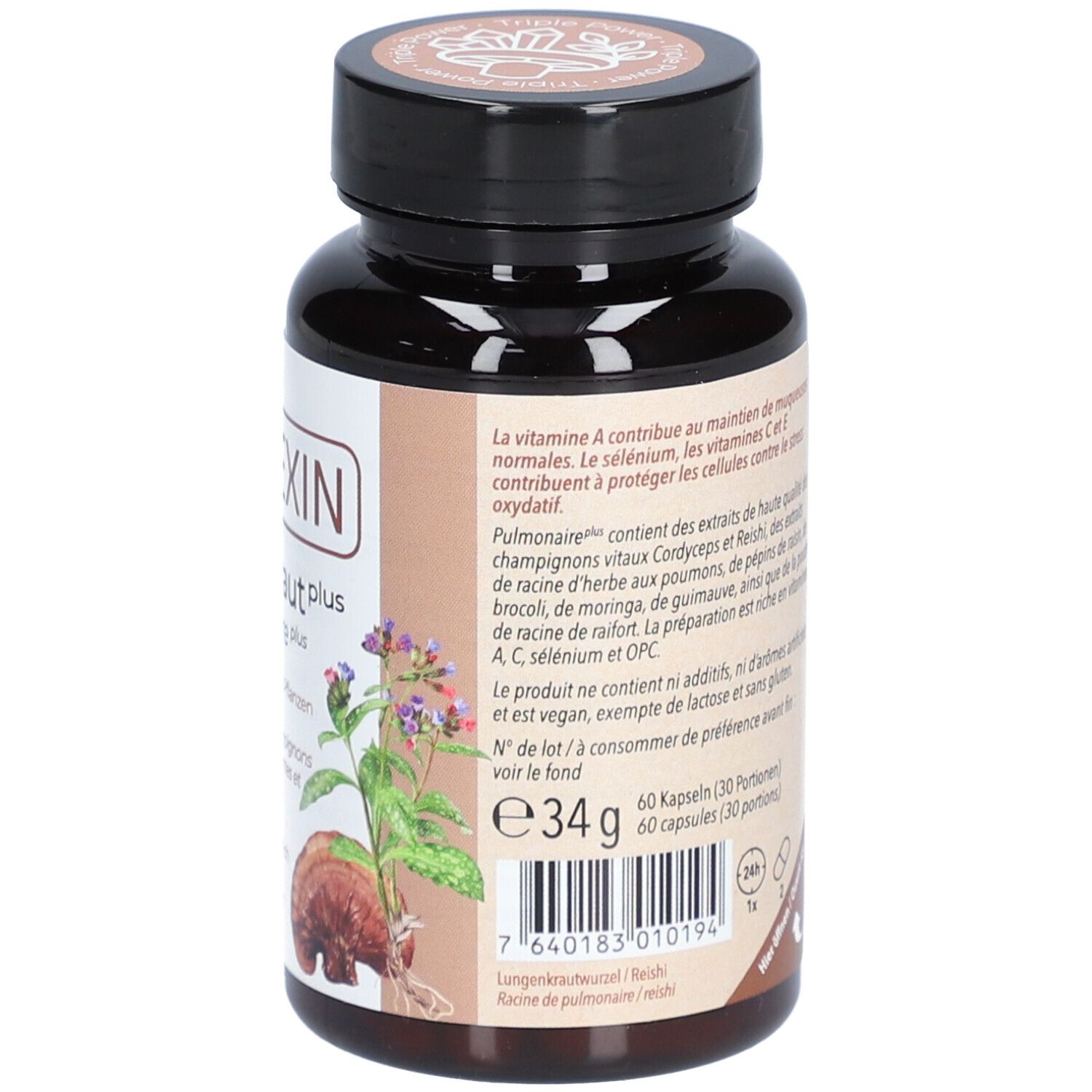 Rückseite der Flasche. Text: NUTREXIN Lungenkraut plus. Inhaltsstoffe, Hinweise. 60 Kapseln. Gewicht: 34g. Informationen zu Charge und Mindesthaltbarkeit.
