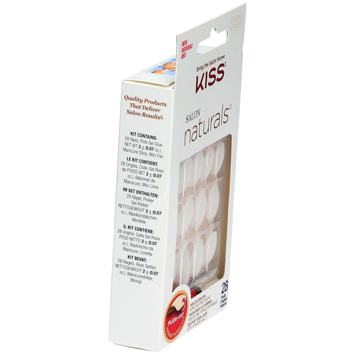 KISS Salon Naturals. Verpackung mit weißen Kunstnägeln. Enthält 28 Nägel, Kleber. Flexi-Fit Technologie. Seitenansicht.