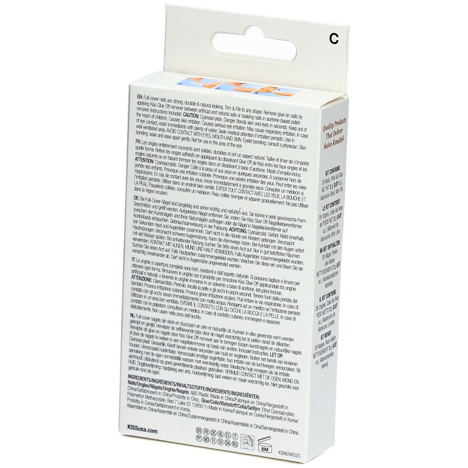 Rückseite der KISS Salon Naturals Verpackung. Text mit Inhaltsstoffen und Anwendungshinweisen. Qualitätsmarke.