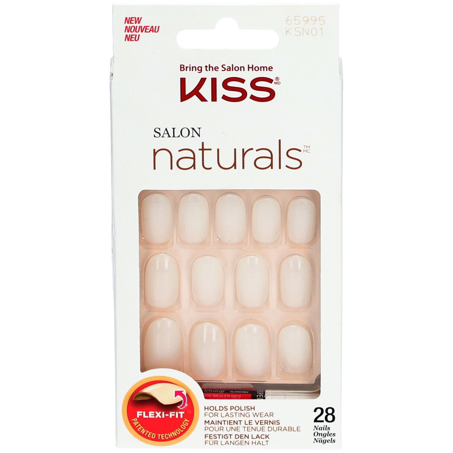 KISS Salon Naturals. Weiße Kunstnägel in Verpackung. 28 Nägel. Flexi-Fit Technologie. Hält Nagellack. Neu.