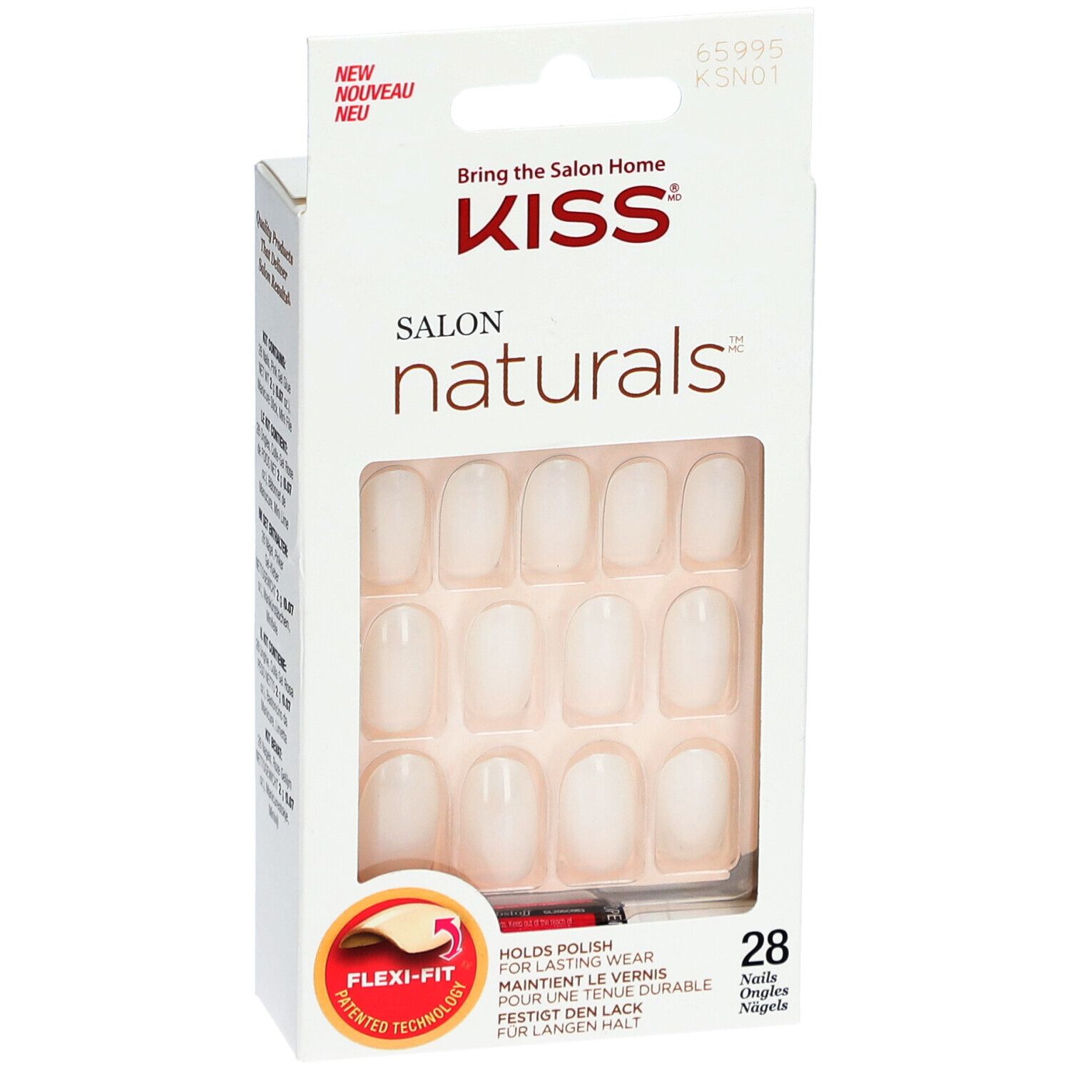 KISS Salon Naturals. Weiße Kunstnägel in Verpackung. 28 Nägel. Flexi-Fit Technologie. Hält Nagellack.