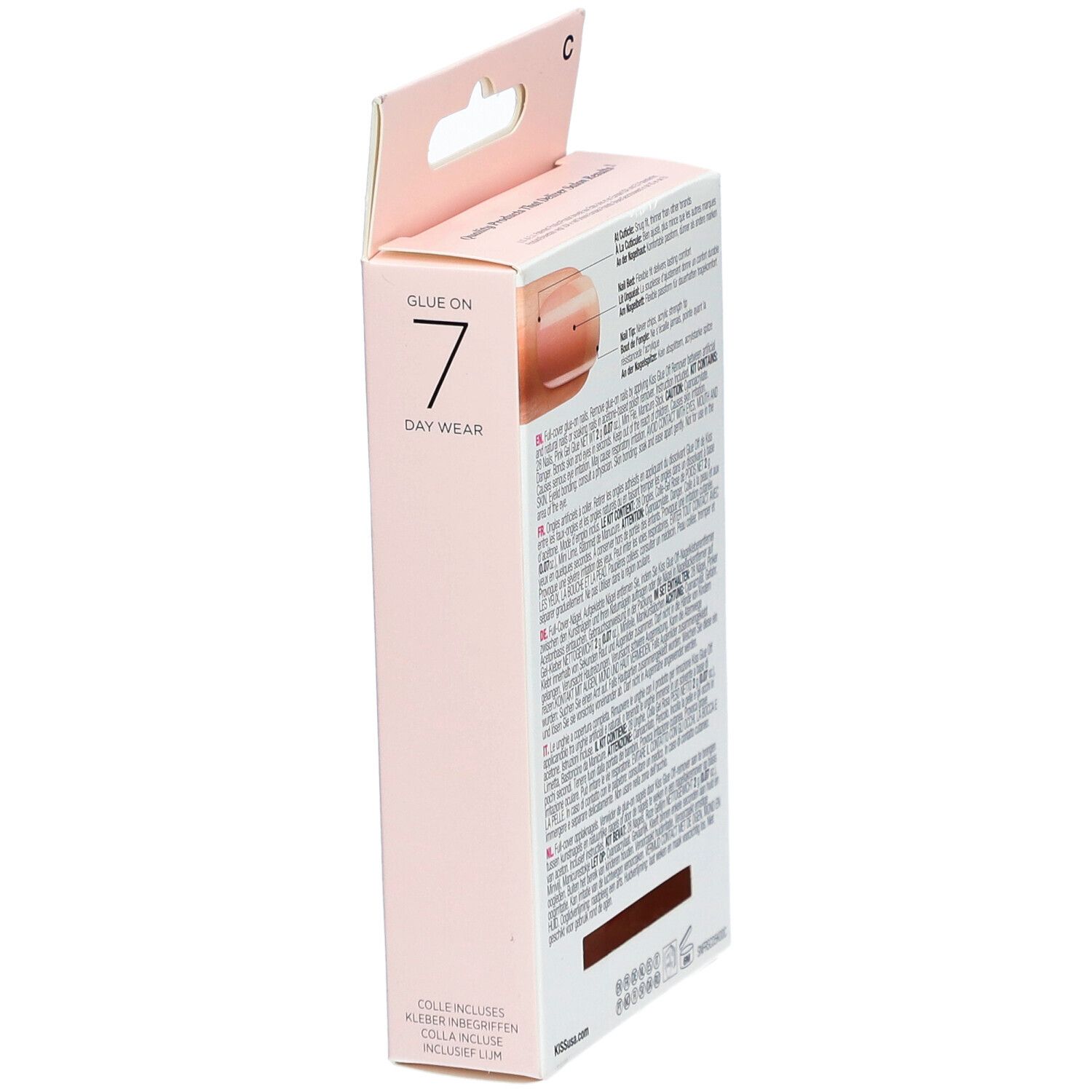 KISS Salon Acrylic French Nude. Emballage de faux ongles. Colle pour 7 jours. Vue latérale.