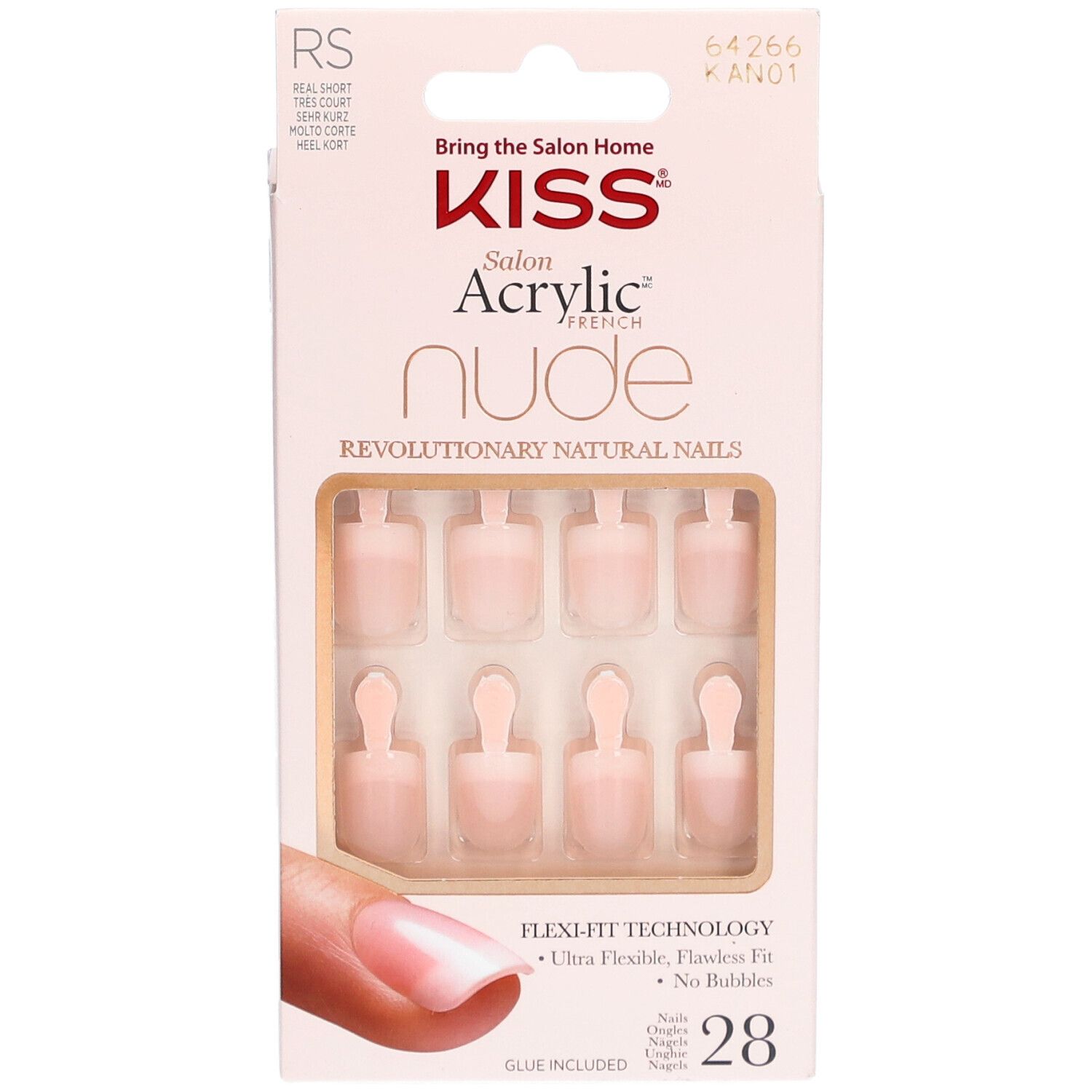 KISS Salon Acrylic French Nude. Boîte de faux ongles. Technologie Flexi-Fit. 28 ongles. Colle incluse.
