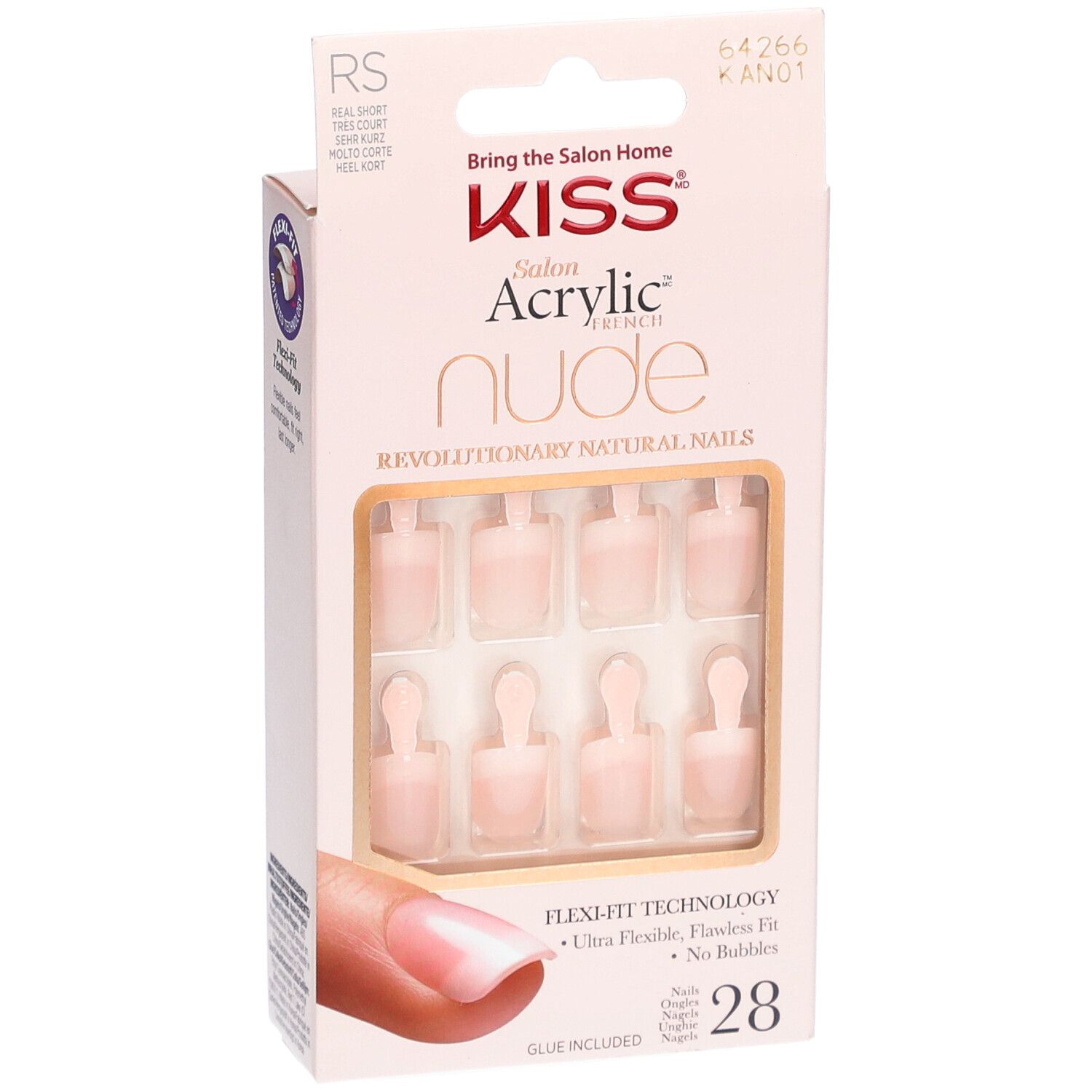 KISS Salon Acrylic French Nude. Boîte de faux ongles. Technologie Flexi-Fit. 28 ongles. Colle incluse.