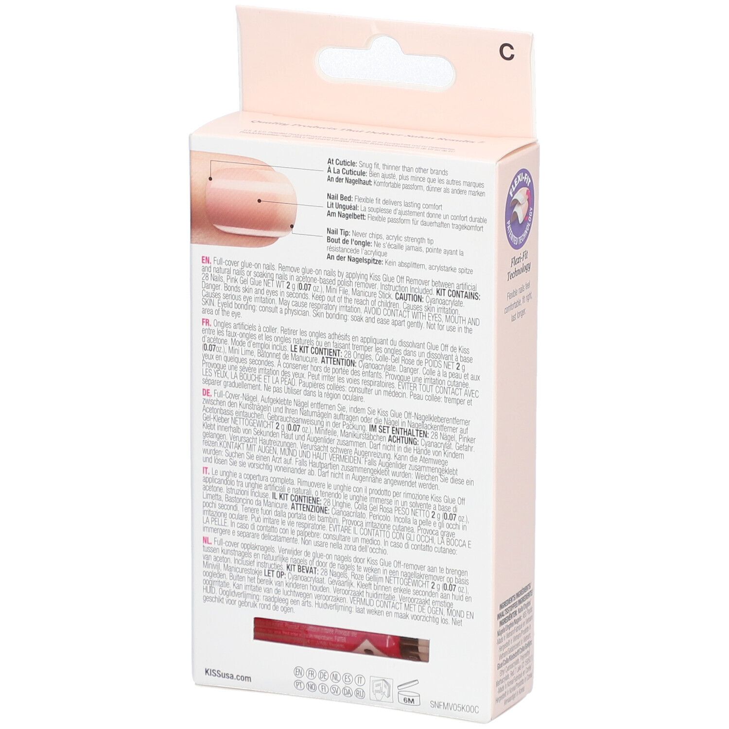 Rückseite der KISS Salon Acrylic French Nude Verpackung. Informationen zu Inhaltsstoffen und Anwendung.