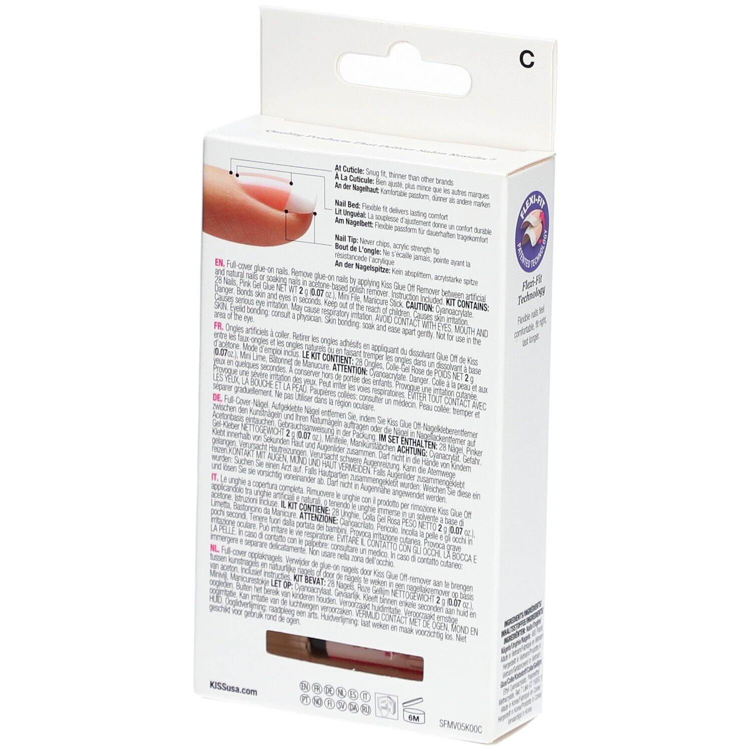 Dos de l'emballage des ongles KISS Salon Acrylic French. Instructions et ingrédients.