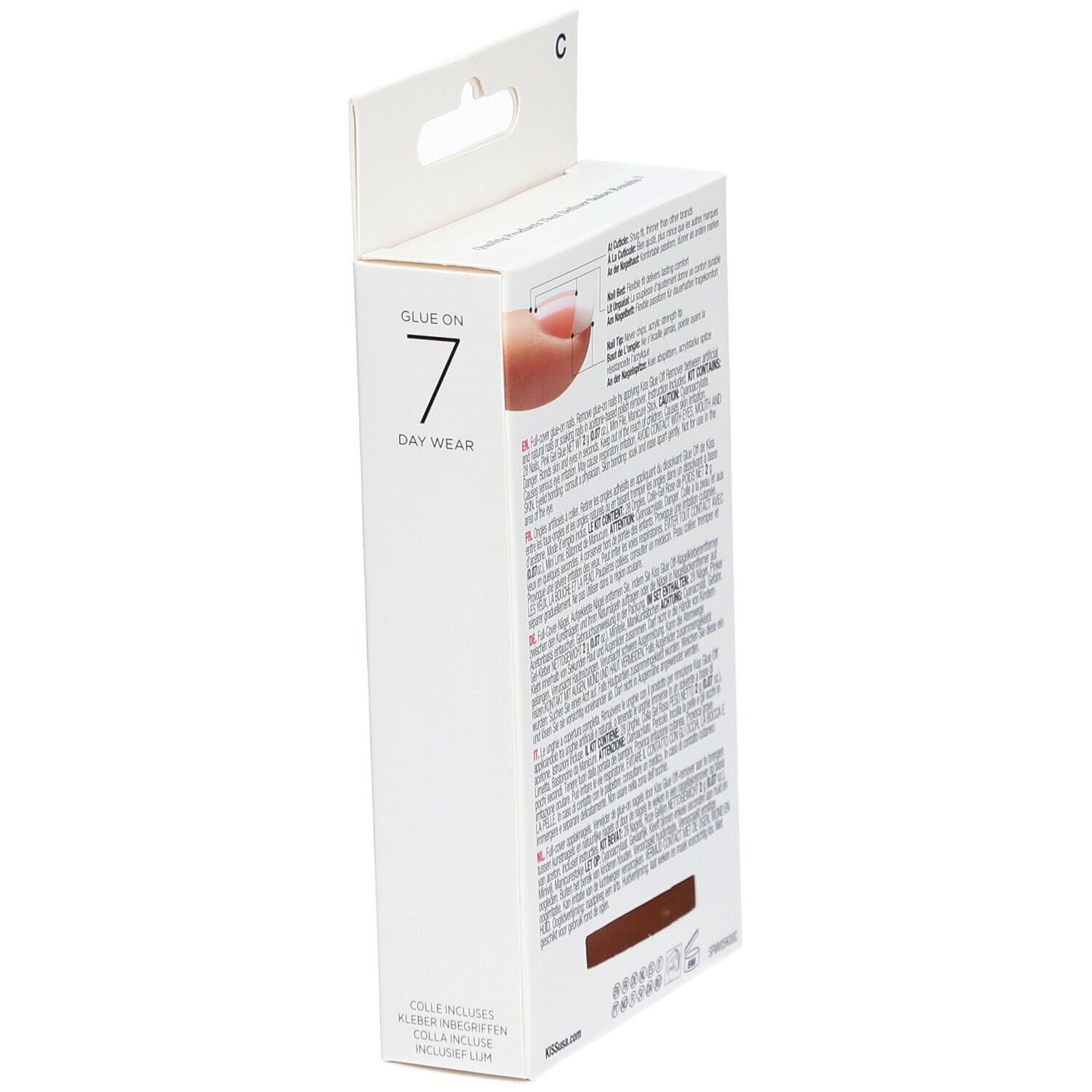 Emballage des ongles KISS Salon Acrylic French. Texte: Colle pendant 7 jours. Colle incluse.