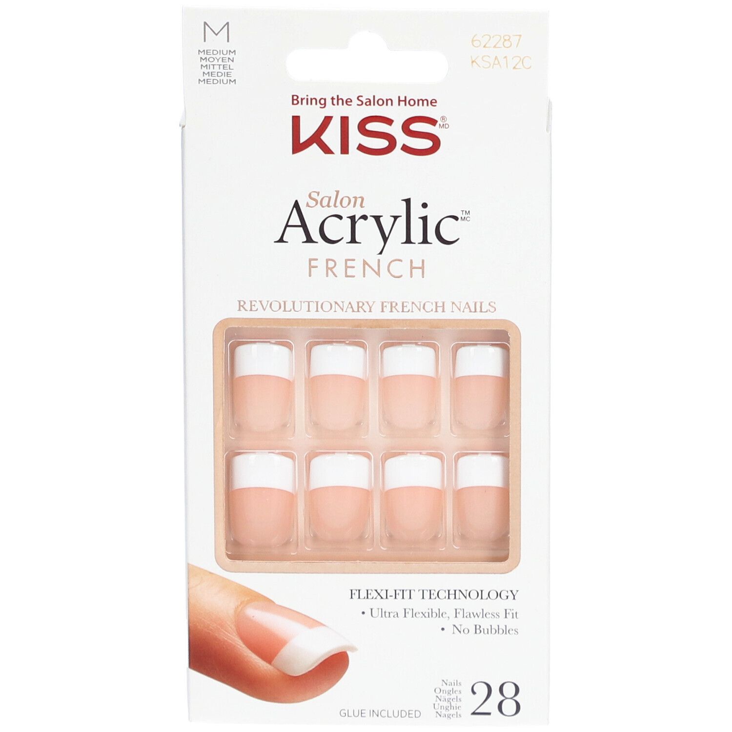Ongles KISS Salon Acrylic French. Paquet de 28 faux ongles roses et blancs. Colle incluse.