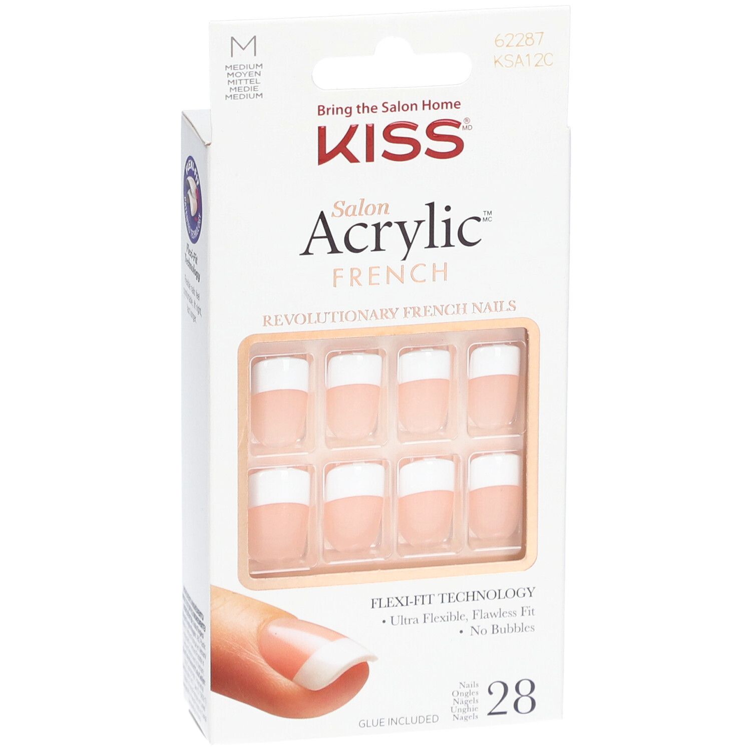 Ongles KISS Salon Acrylic French. Paquet de 28 faux ongles roses et blancs. Colle incluse.