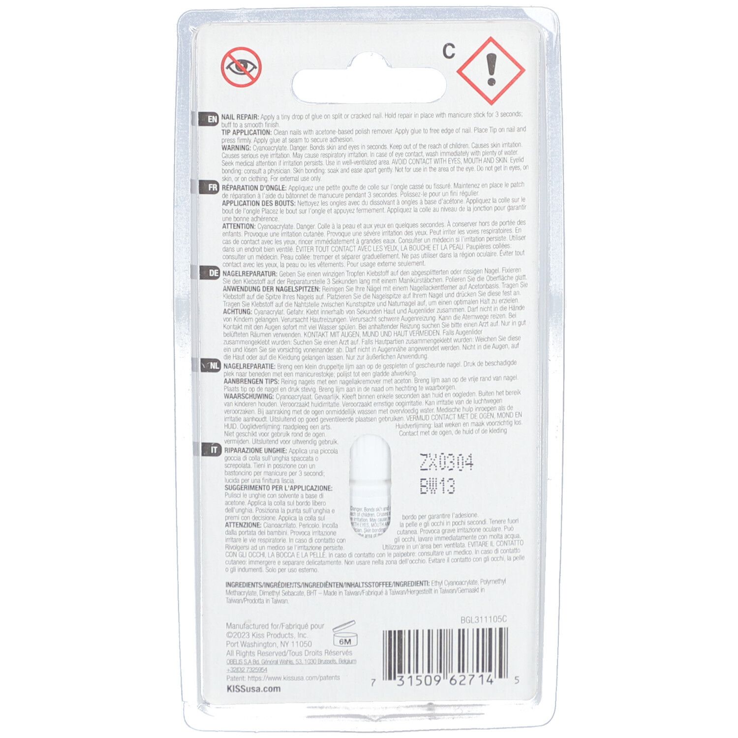 Rückseite der Blisterverpackung mit Text, Warnhinweisen und Flasche. Aufdrucke: Marke, Produktname, Text.