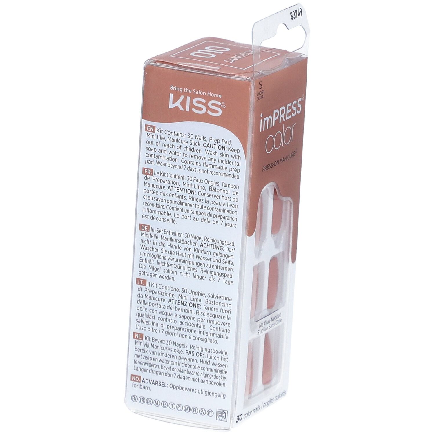 Rückseite der KISS ImPress Color Verpackung. Enthält 30 künstliche Nägel, Prep Pad und Mini-Feile.