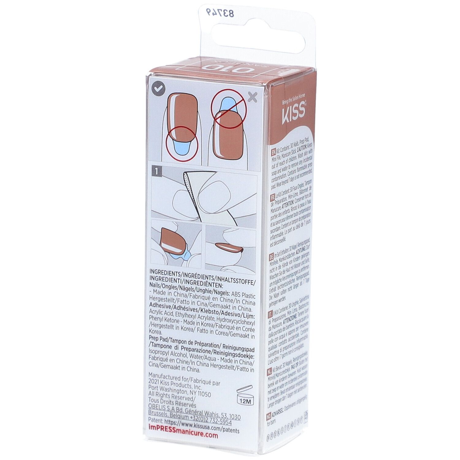 KISS ImPress Color Verpackung. Anleitung zur Anwendung der künstlichen Nägel. Inhaltsstoffe sind aufgelistet.