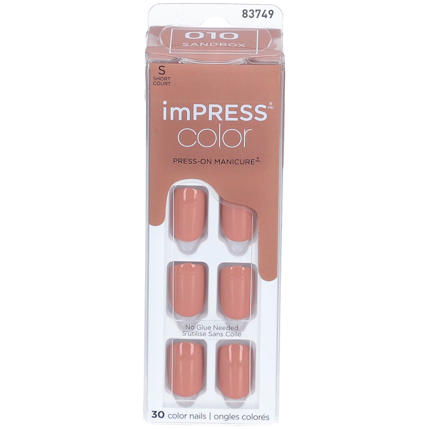 KISS ImPress Color Kit. Sandfarbene, kurze, künstliche Nägel. 30 Stück in einer Verpackung.
