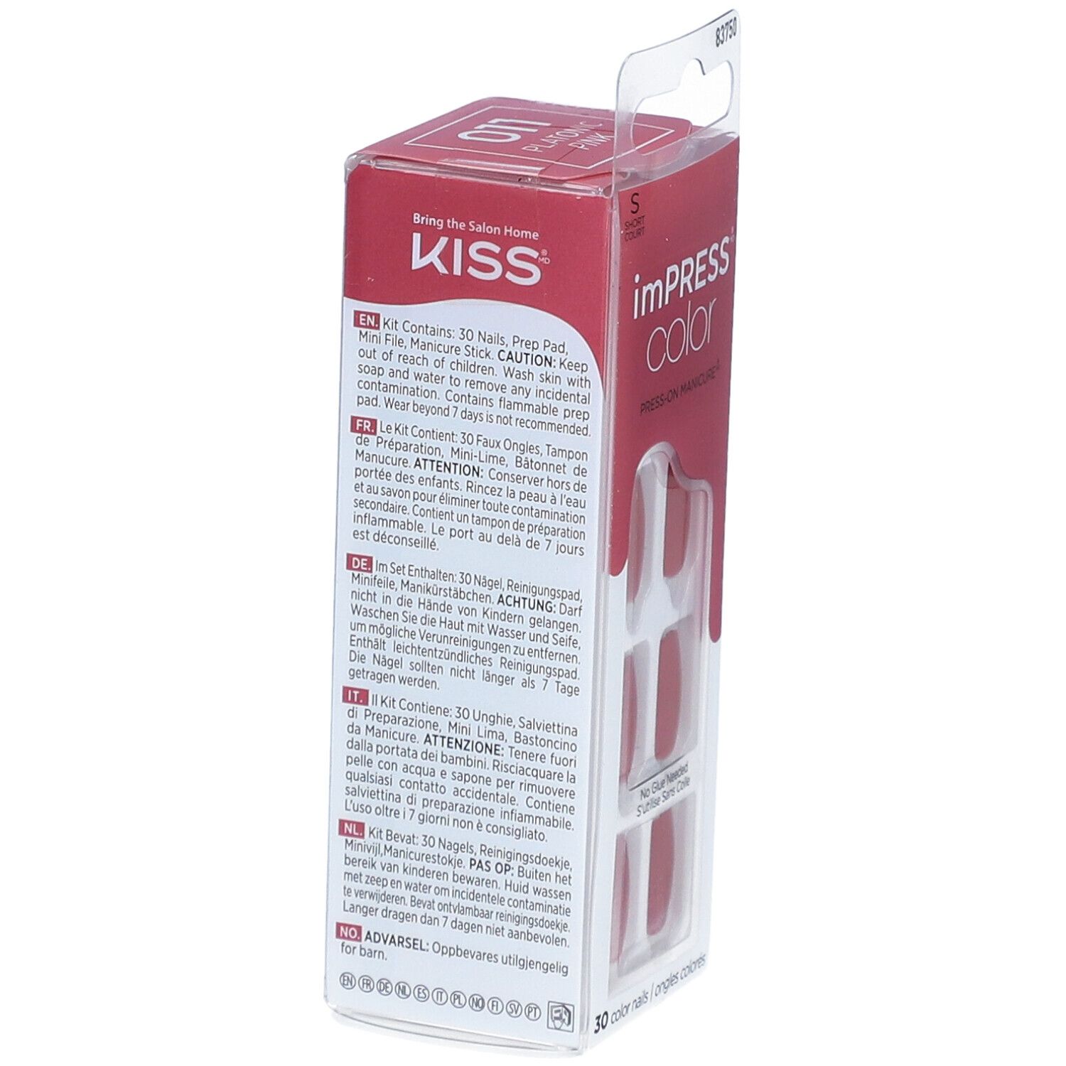 Rückseite der Verpackung mit Informationen zu den Inhaltsstoffen und Anwendungshinweisen. Marke: KISS imPRESS Color.