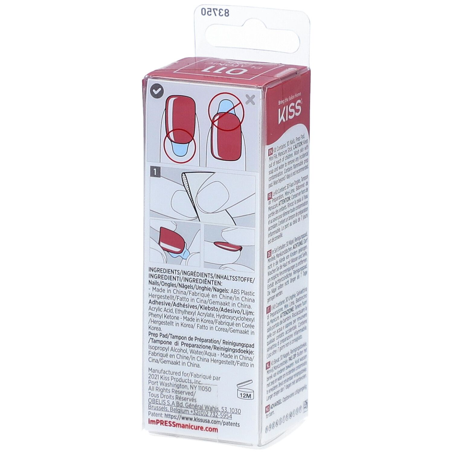 Rückseite der Verpackung mit Anwendungsanleitung. Marke: KISS. Enthält Inhaltsstoffe und Warnhinweise.