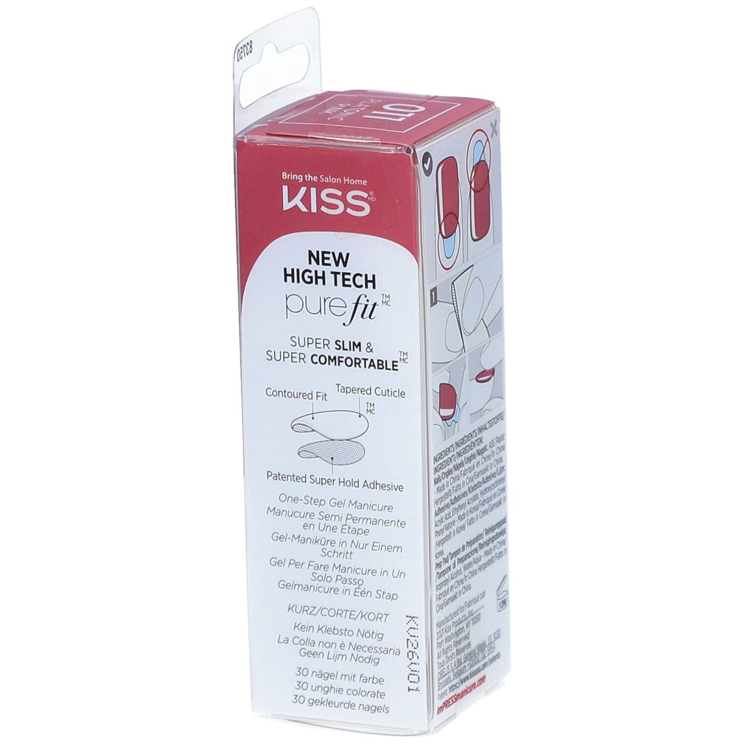 Verpackung mit Informationen zu den Produkteigenschaften. Marke: KISS. Enthält 30 Nägel. Super Slim & Super Comfortable.