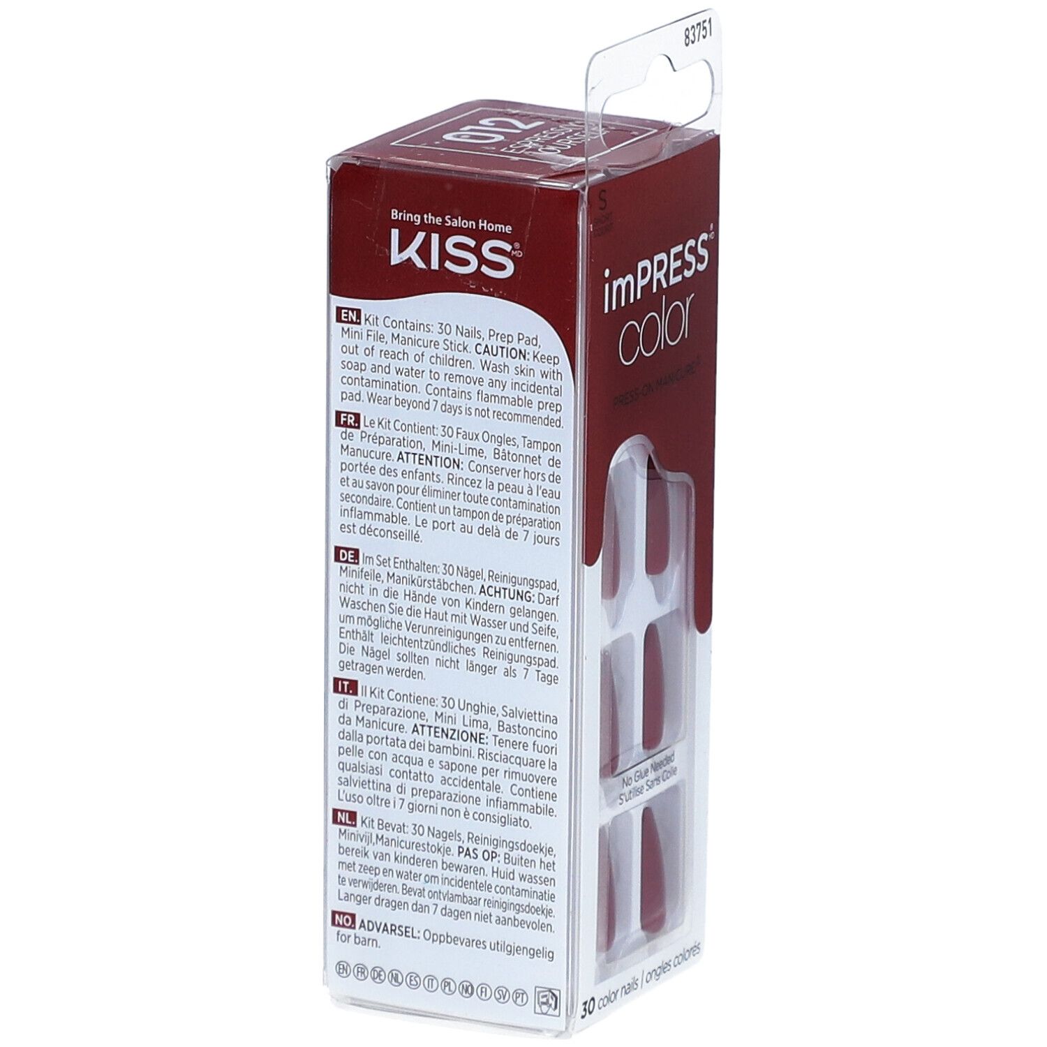 KISS Impress Color Kit. Verpackung mit roten Kunstnägeln. Enthält 30 Nägel, Prep Pad, Mini-Feile. Vorsichtshinweise.