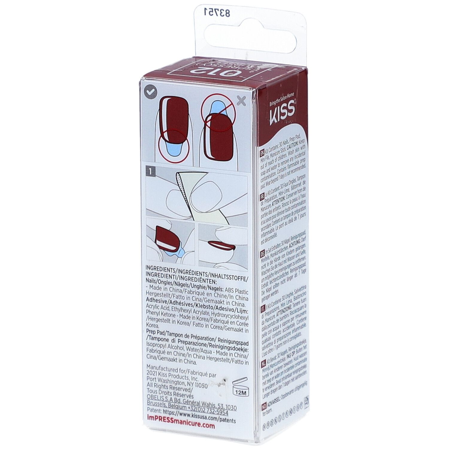 KISS Impress Color Kit. Verpackung mit roten Kunstnägeln. Inhaltsstoffe und Anwendungshinweise. 12M Haltbarkeit.