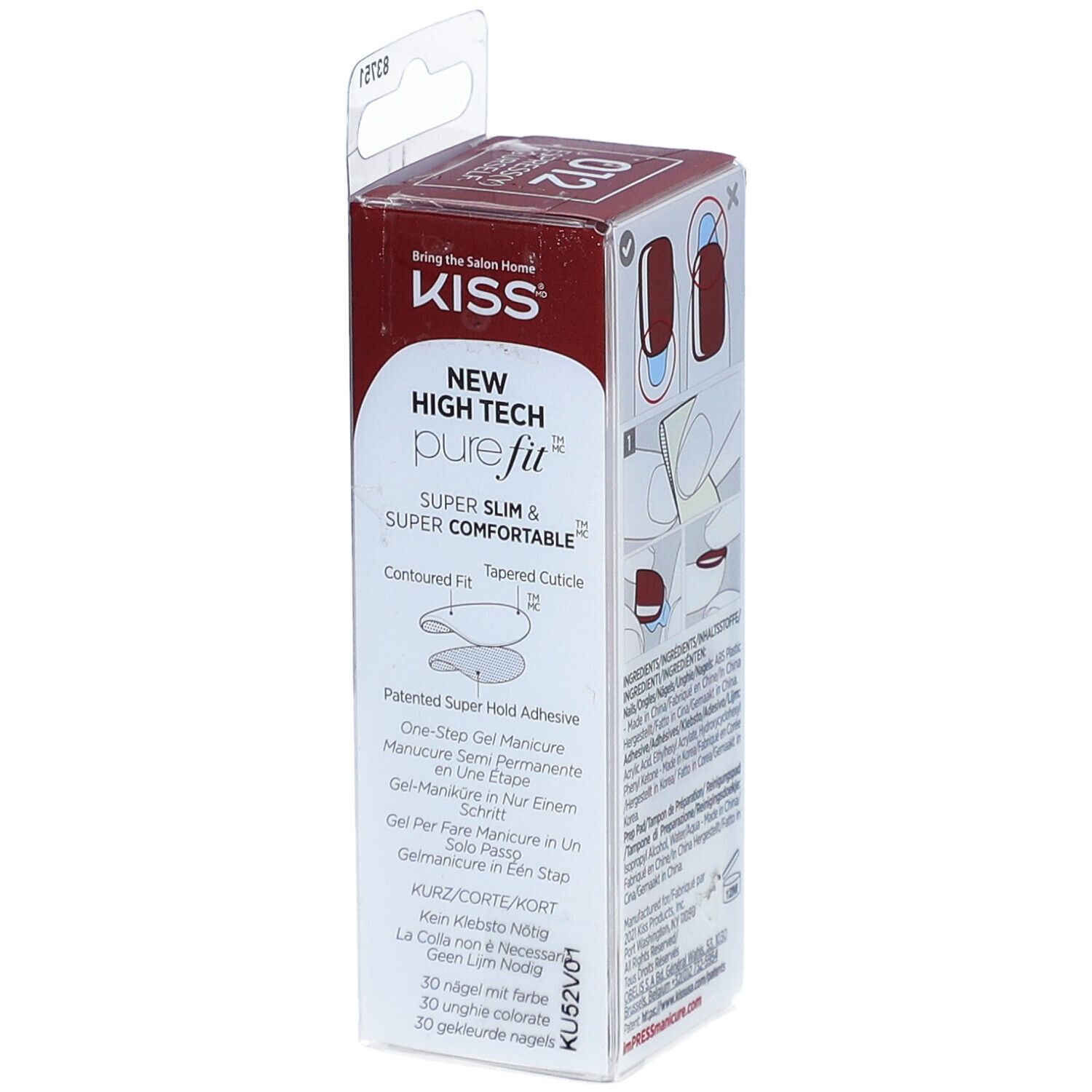 KISS Impress Color Kit. Verpackung mit roten Kunstnägeln. "Pure Fit" Technologie. 30 Nägel. Konturierte Passform.