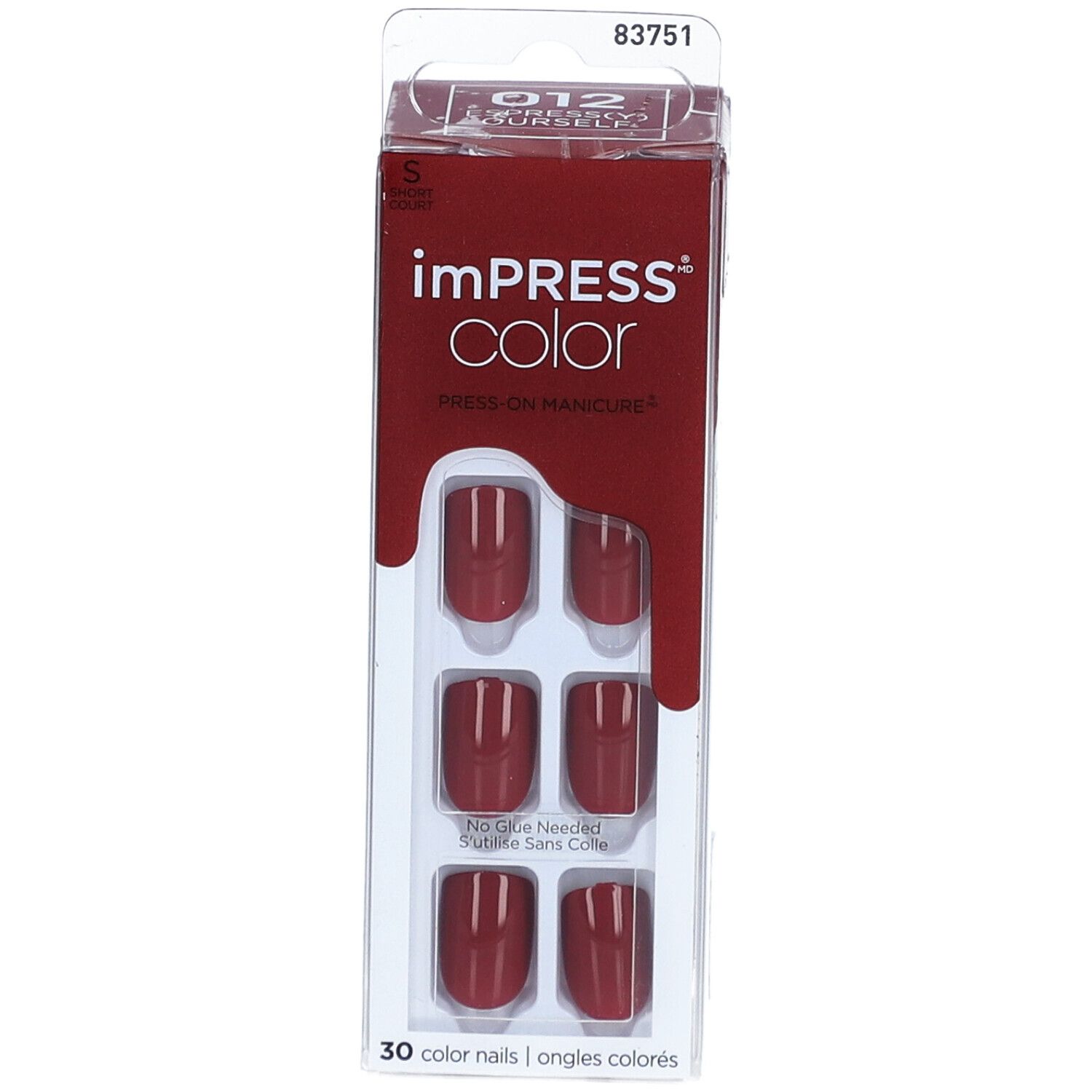 KISS Impress Color Kit. Rote Kunstnägel in Verpackung. 30 Nägel. "Espress-Y Yourself" Farbe. Rechteckige Form.