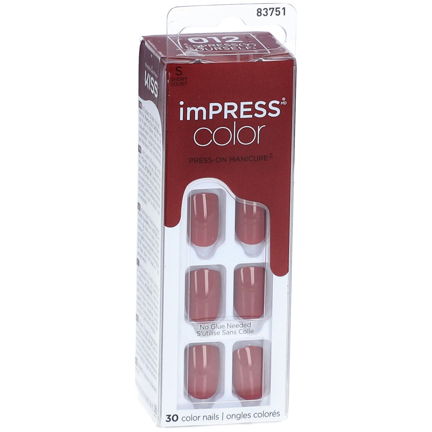 KISS Impress Color Kit. Rosa Kunstnägel in Verpackung. 30 Nägel. "Espress-Y Yourself" Farbe. Rechteckige Form.
