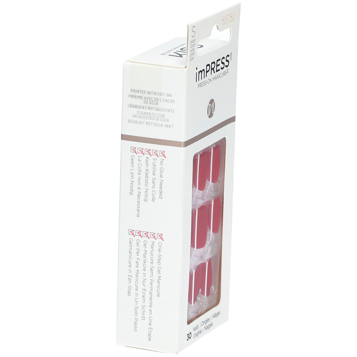 KISS ImPress Color Kit. Verpackung mit roten, kurzen, künstlichen Fingernägeln. 30 Nägel.