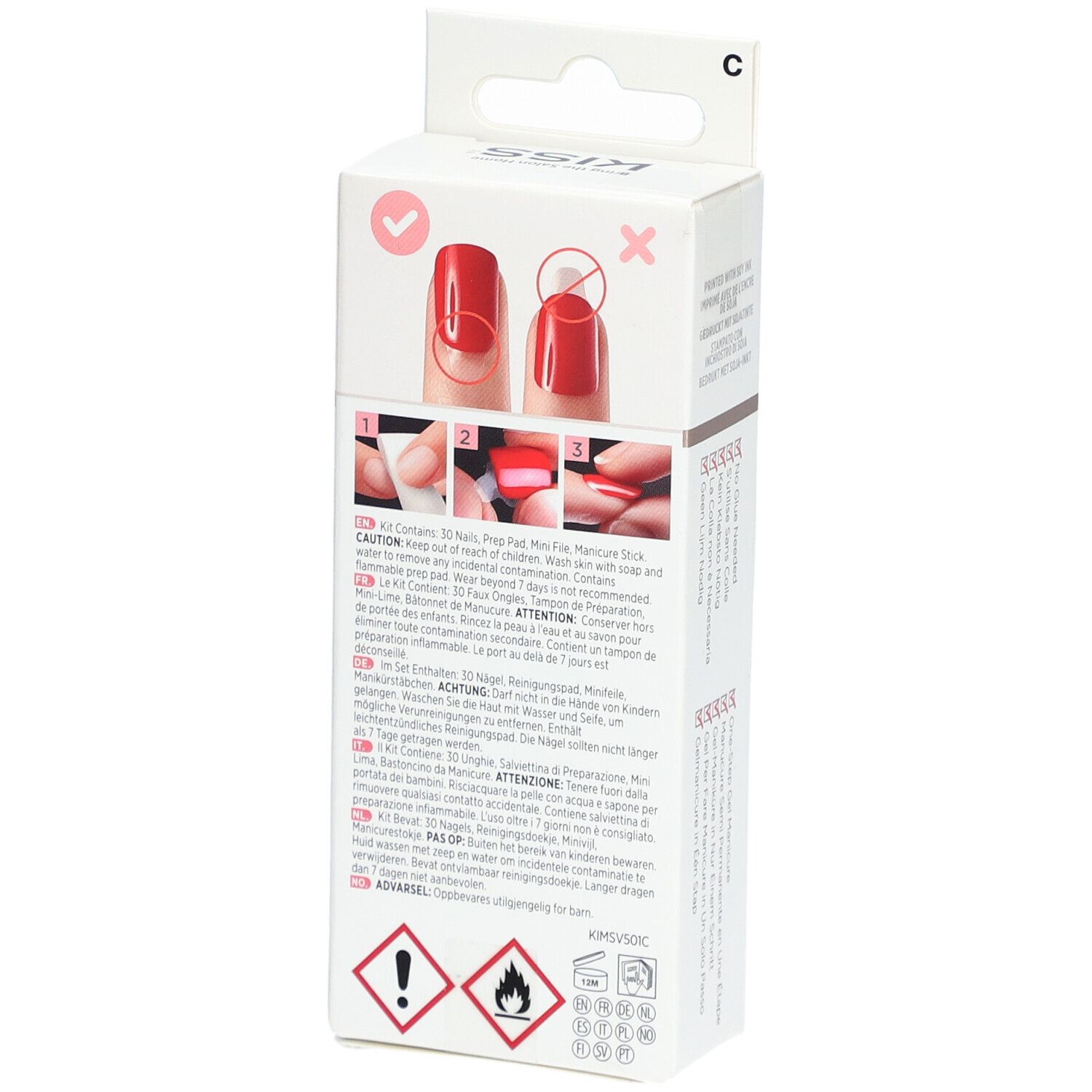 KISS ImPress Color Kit. Rückseite der Verpackung mit Anweisungen und Warnhinweisen. 30 Nägel.