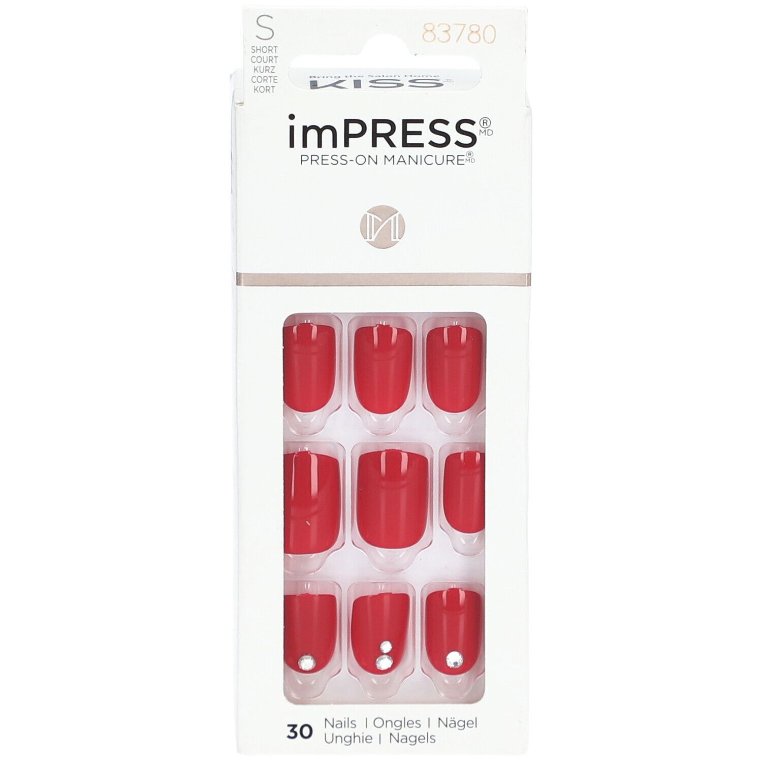 KISS ImPress Color Kit. Rote, kurze, künstliche Fingernägel in Verpackung. 30 Nägel. Mit Strasssteinen.