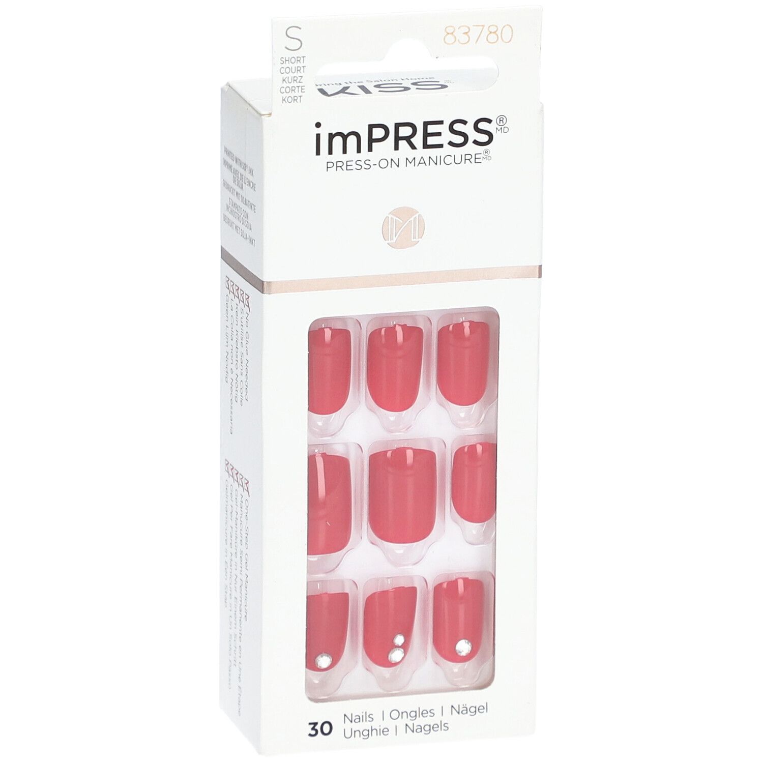 KISS ImPress Color Kit. Rote, kurze, künstliche Fingernägel in Verpackung. 30 Nägel. Mit Strasssteinen.