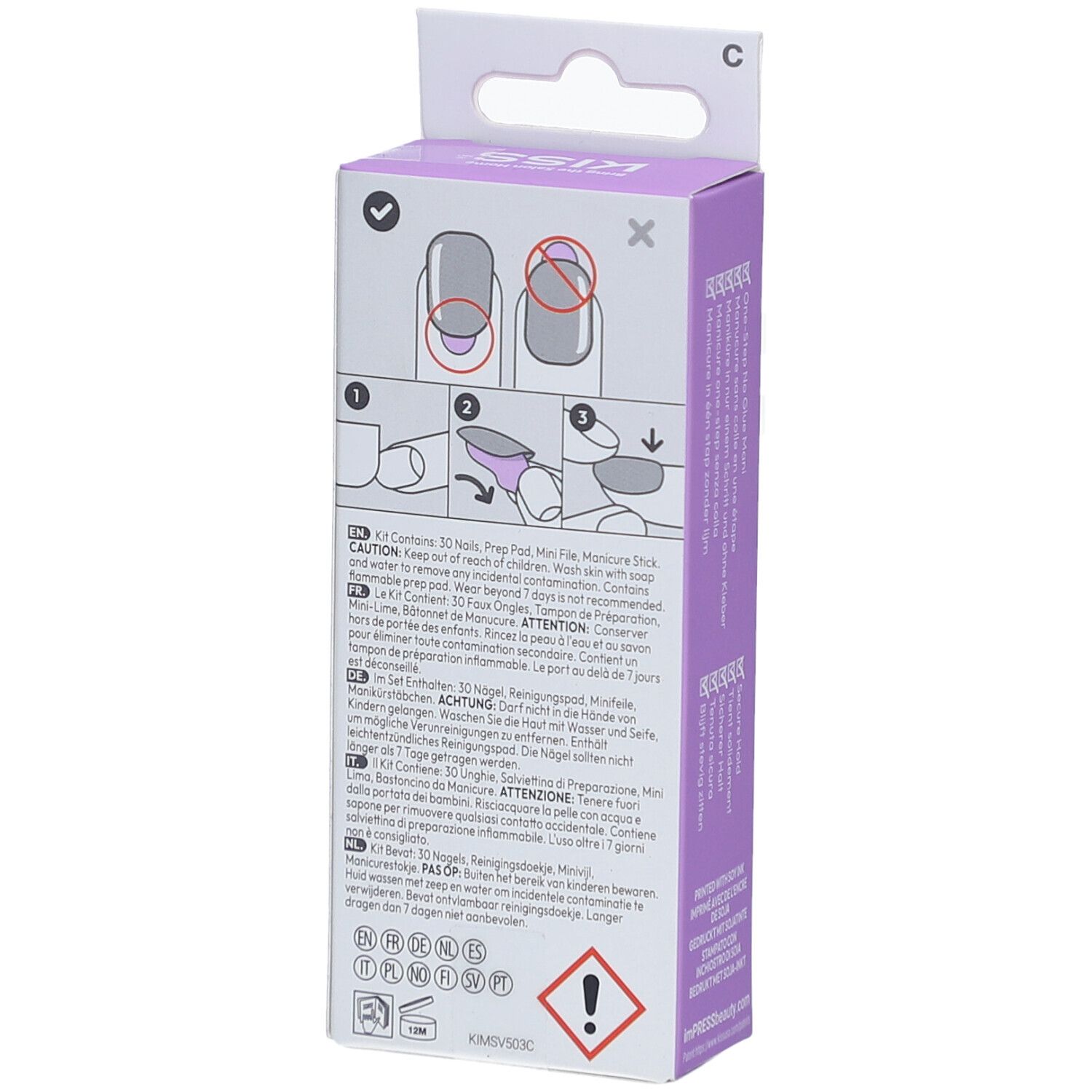 Rückseite der Verpackung mit Press-on Nägeln. Abbildungen zeigen die Anwendung. Warnhinweise und Inhaltsstoffe sind ebenfalls abgebildet.