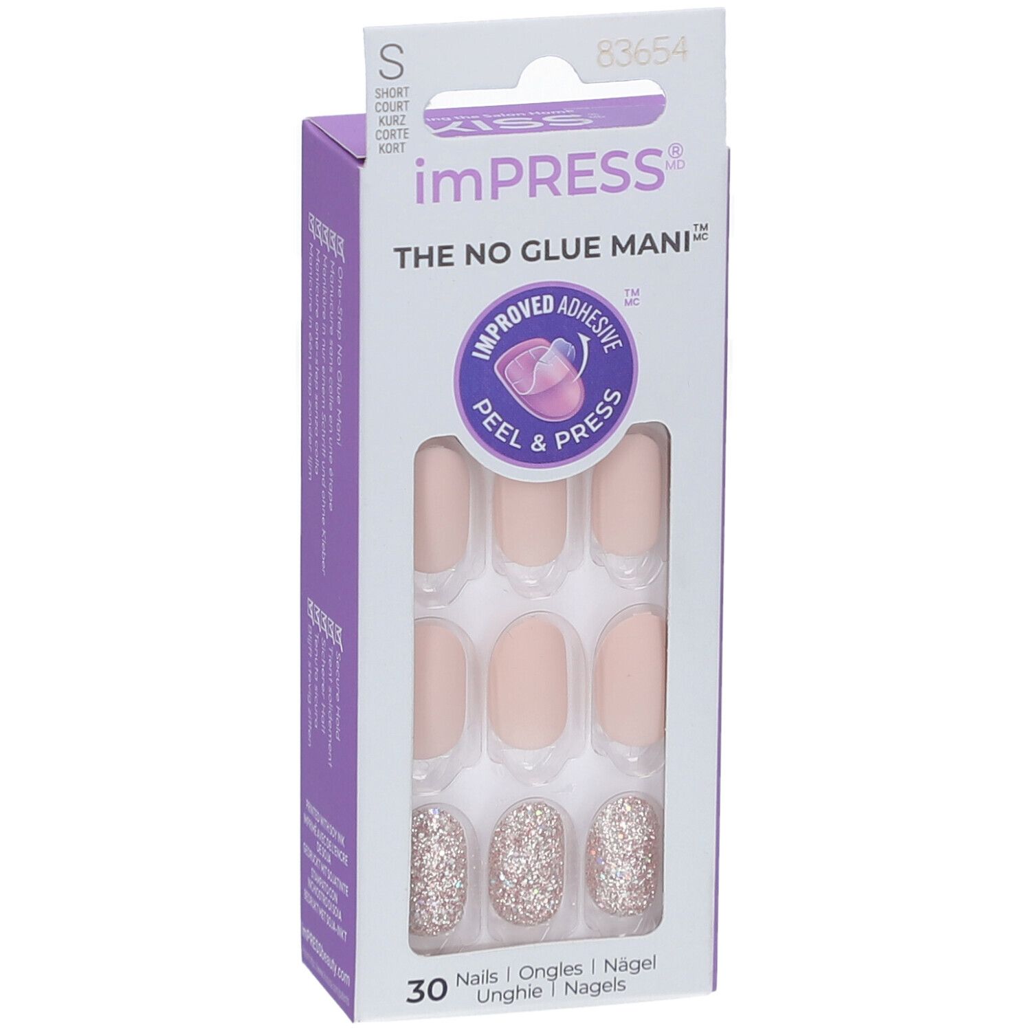 Packung mit Press-on Nägeln. Enthält 30 Nägel in verschiedenen Größen. Einige Nägel sind mit Glitzer verziert. Marke: imPRESS.