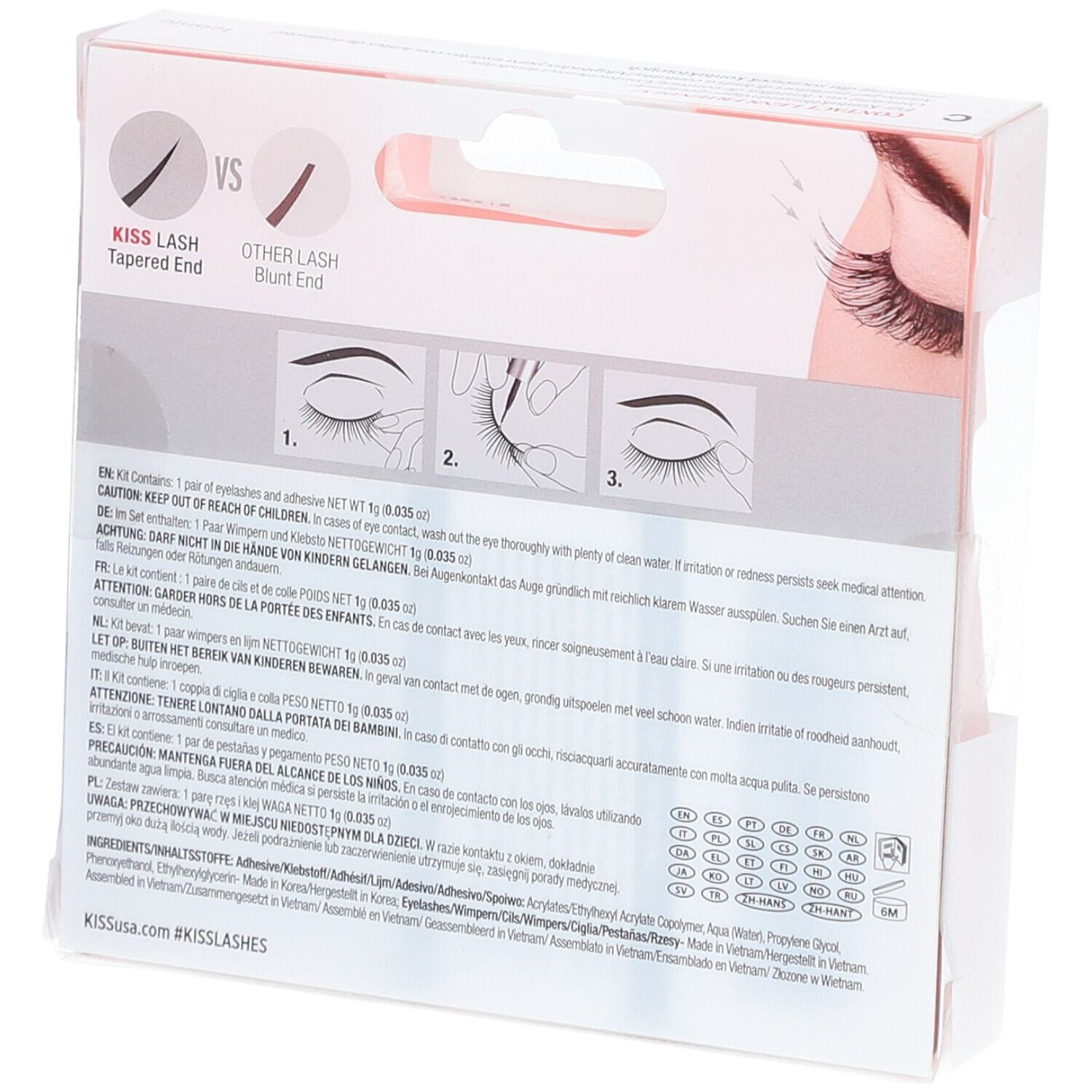 Rückseite der KISS Looks So Natural Iconic Wimpern Verpackung. Anweisungen und Inhaltsstoffe.