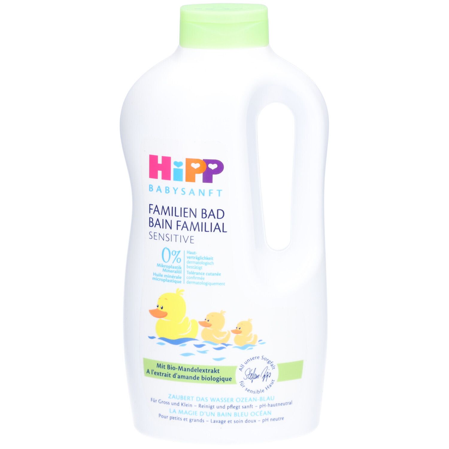 Weiße Flasche mit grünem Deckel. Aufschrift: HIPP Babysanft Familien Bad. Abbildung: Enten im Wasser.