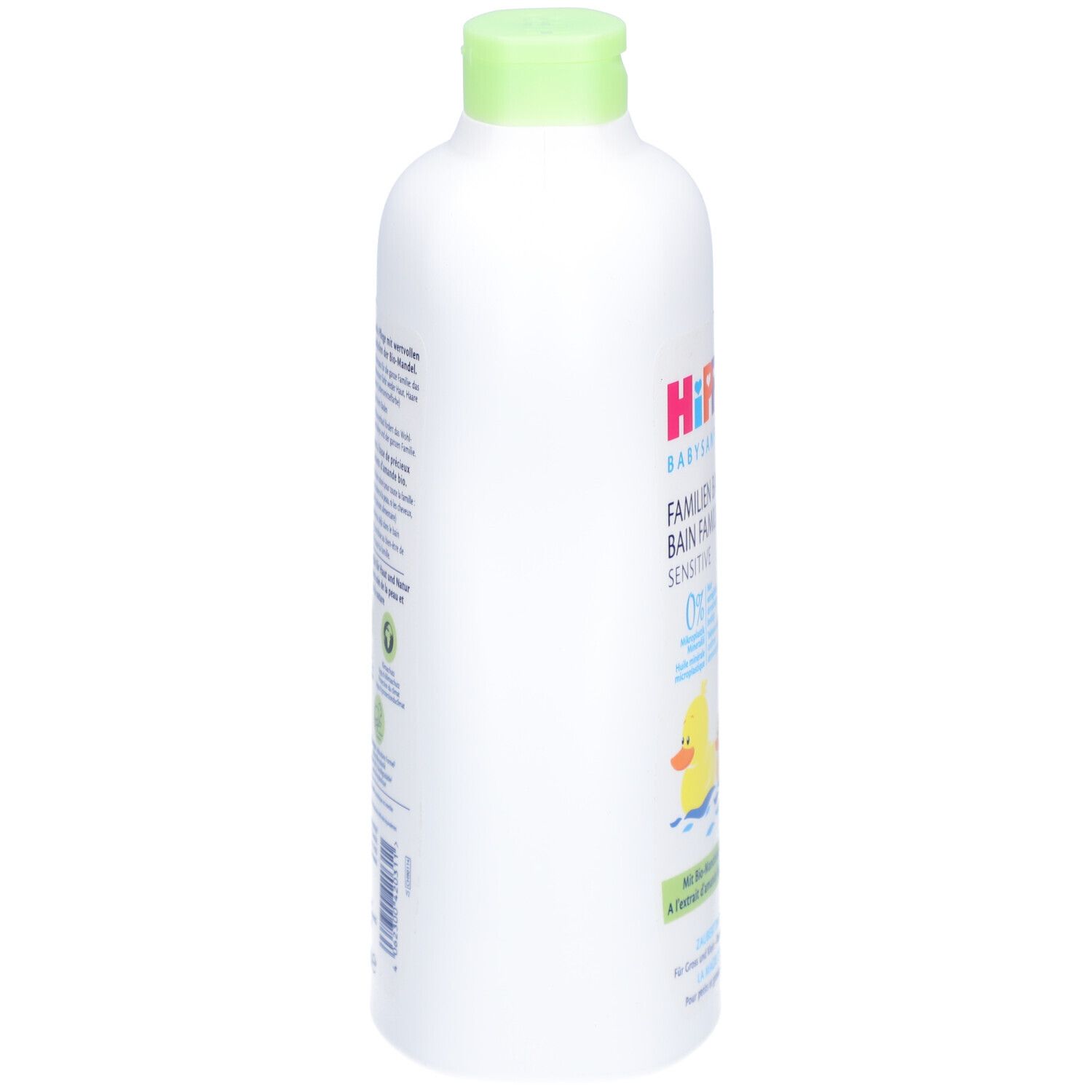 Weiße Flasche mit grünem Deckel. Seitenansicht. Text und Logos auf der Flasche.