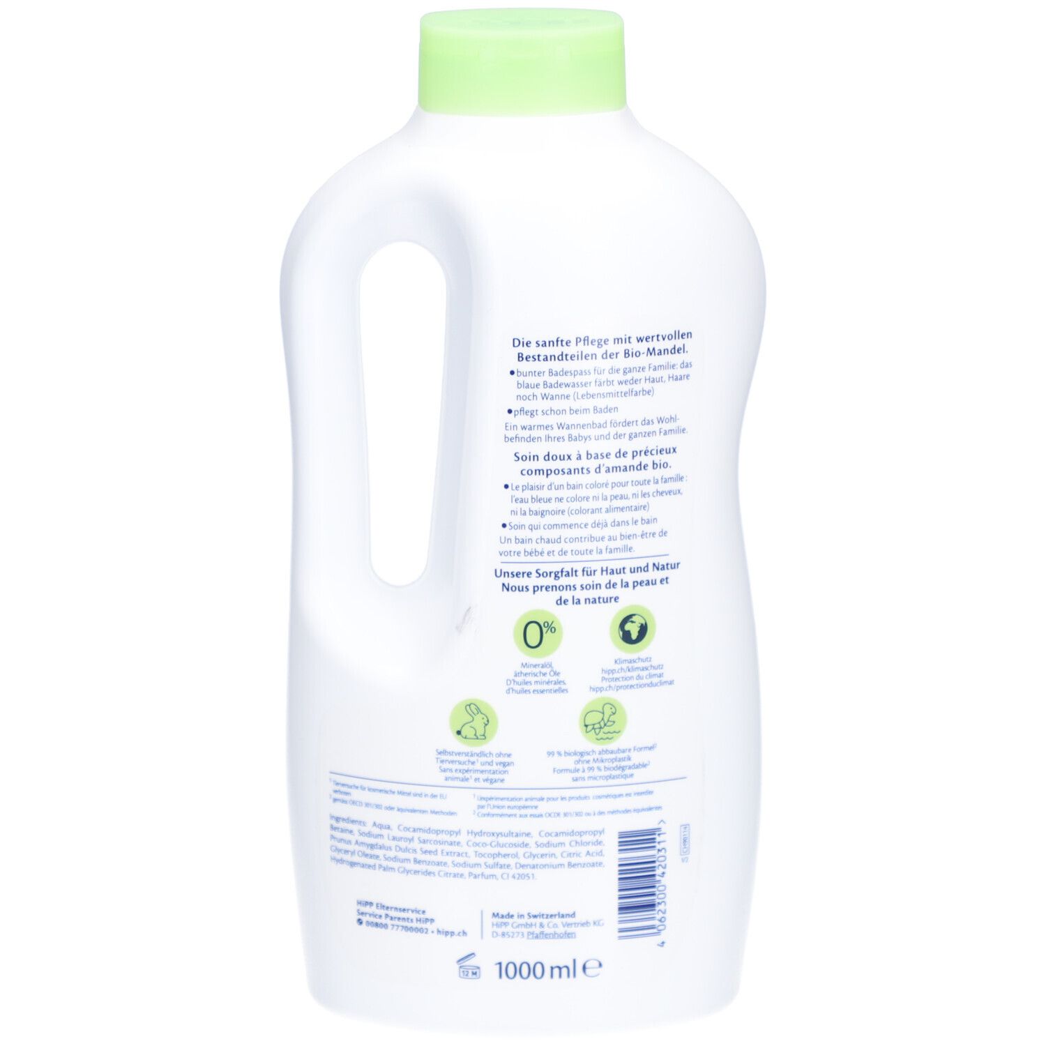 Rückseite der weißen Flasche mit grünem Deckel. Text und Logos. Inhaltsangaben und Zertifizierungen.