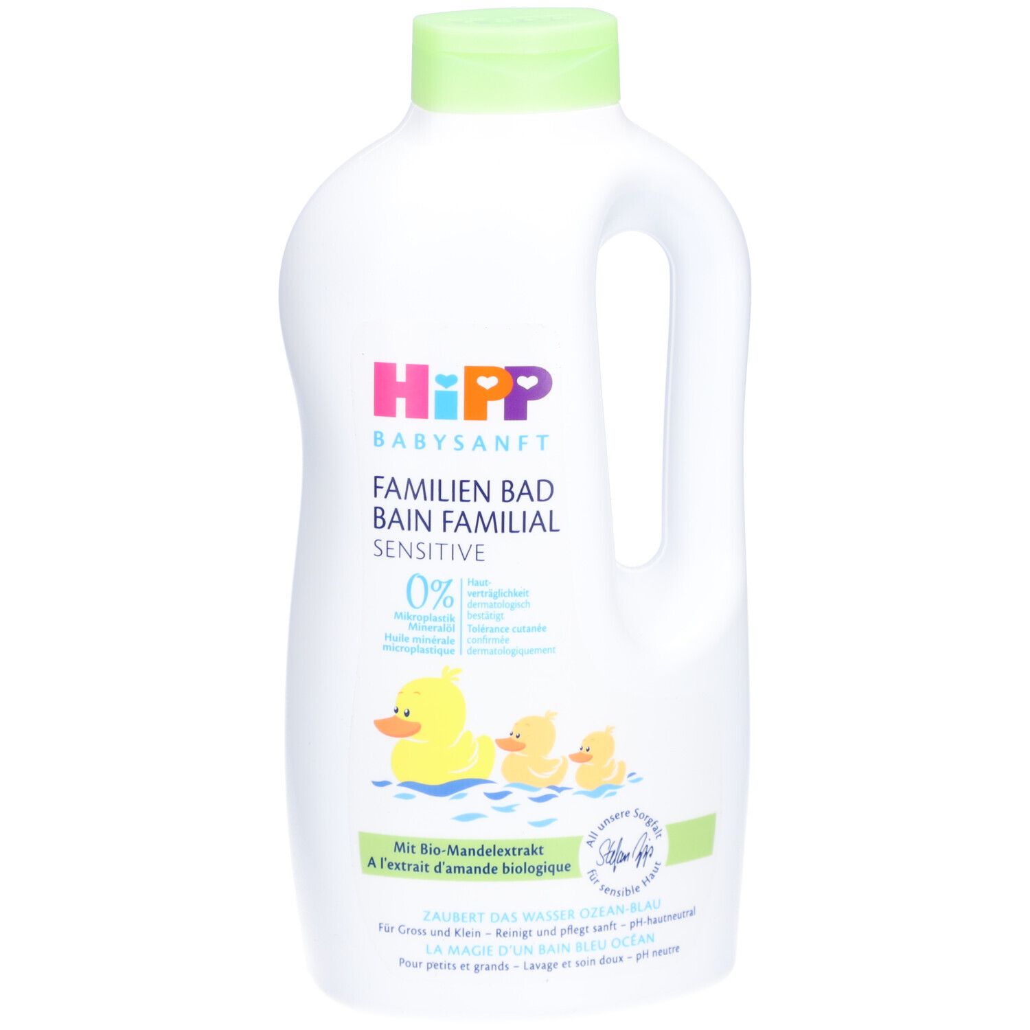 Weiße Flasche mit grünem Deckel. Aufschrift: HIPP Babysanft Familien Bad. Abbildung: Enten im Wasser.