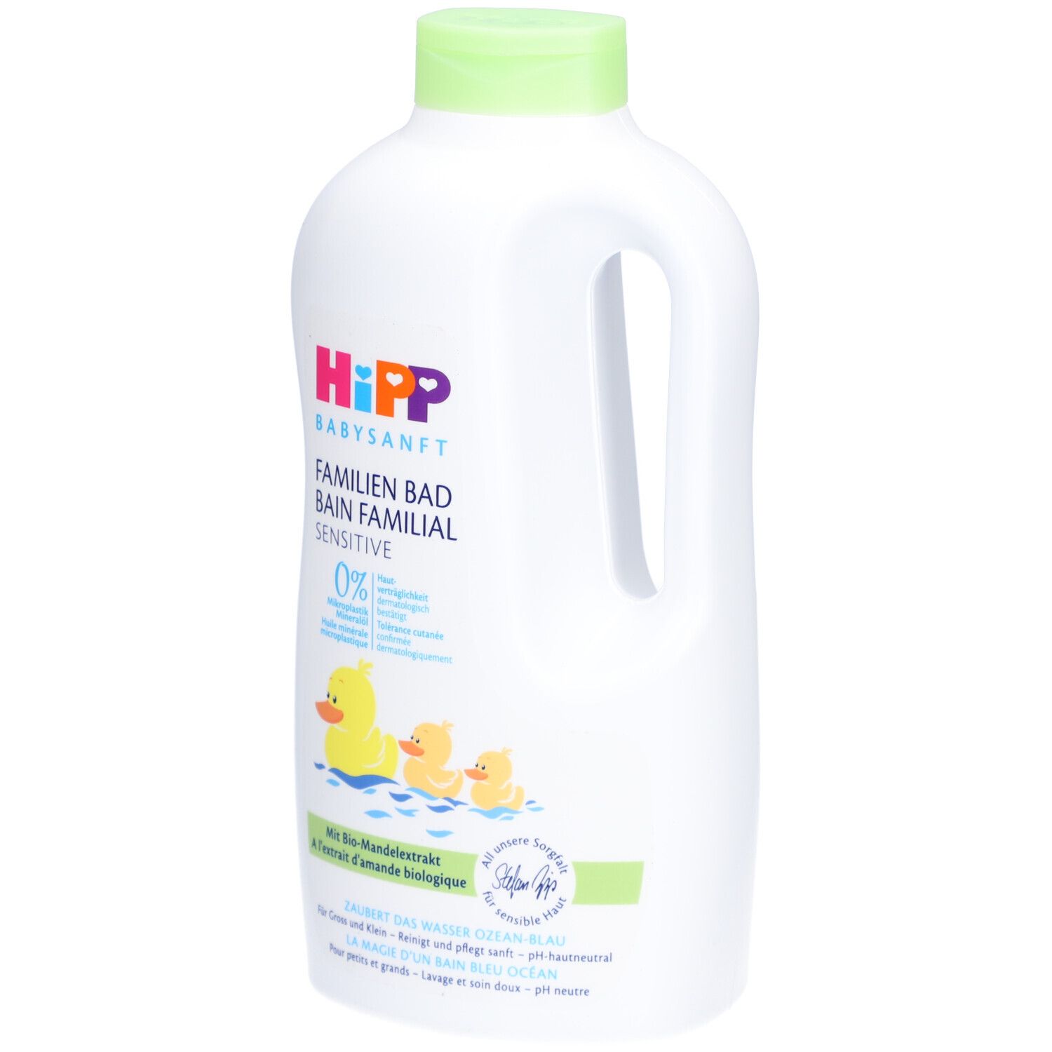 Weiße Flasche mit grünem Deckel. Aufschrift: HIPP Babysanft Familien Bad. Abbildung: Enten im Wasser.