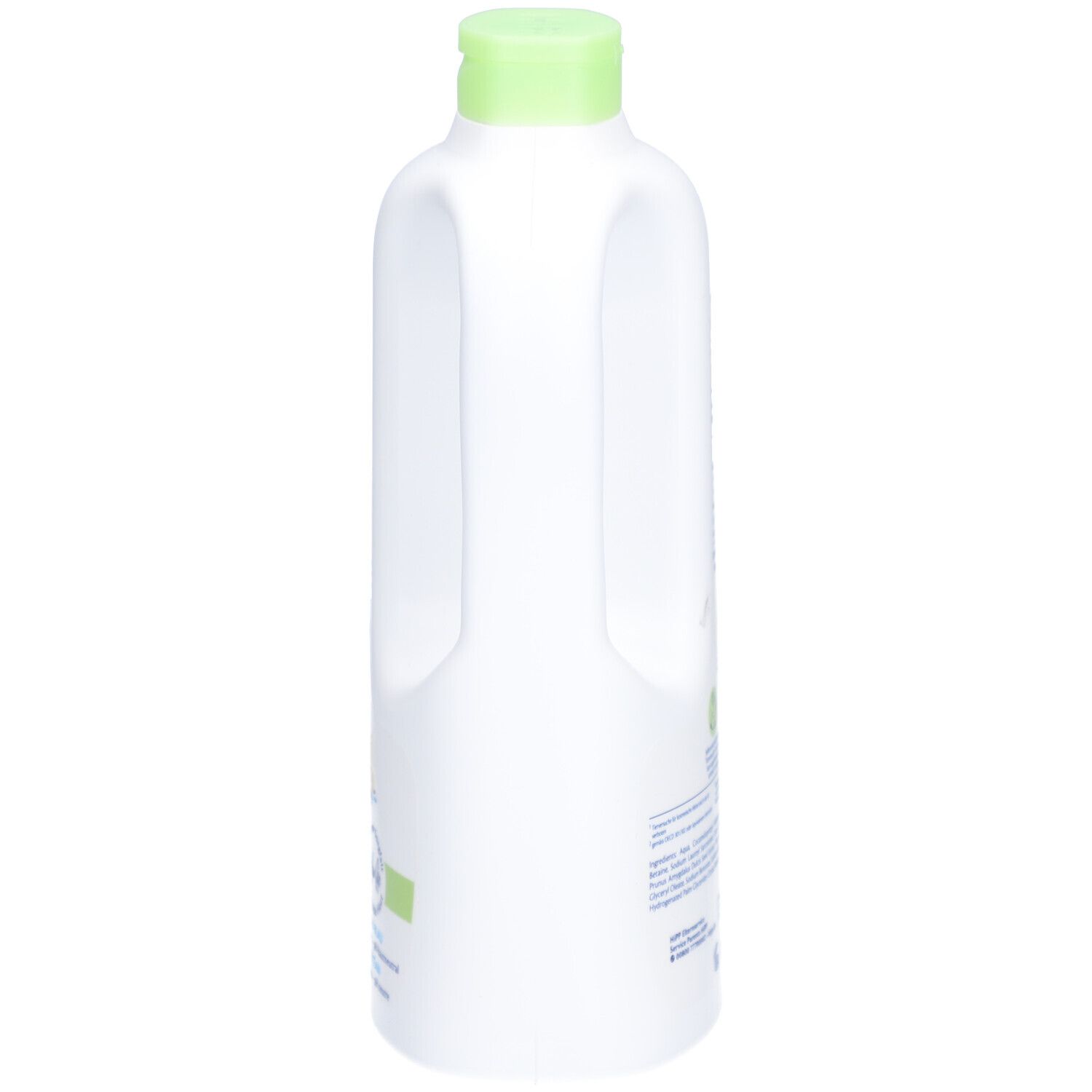Weiße Flasche mit grünem Deckel. Seitenansicht. Text und Logos auf der Flasche.