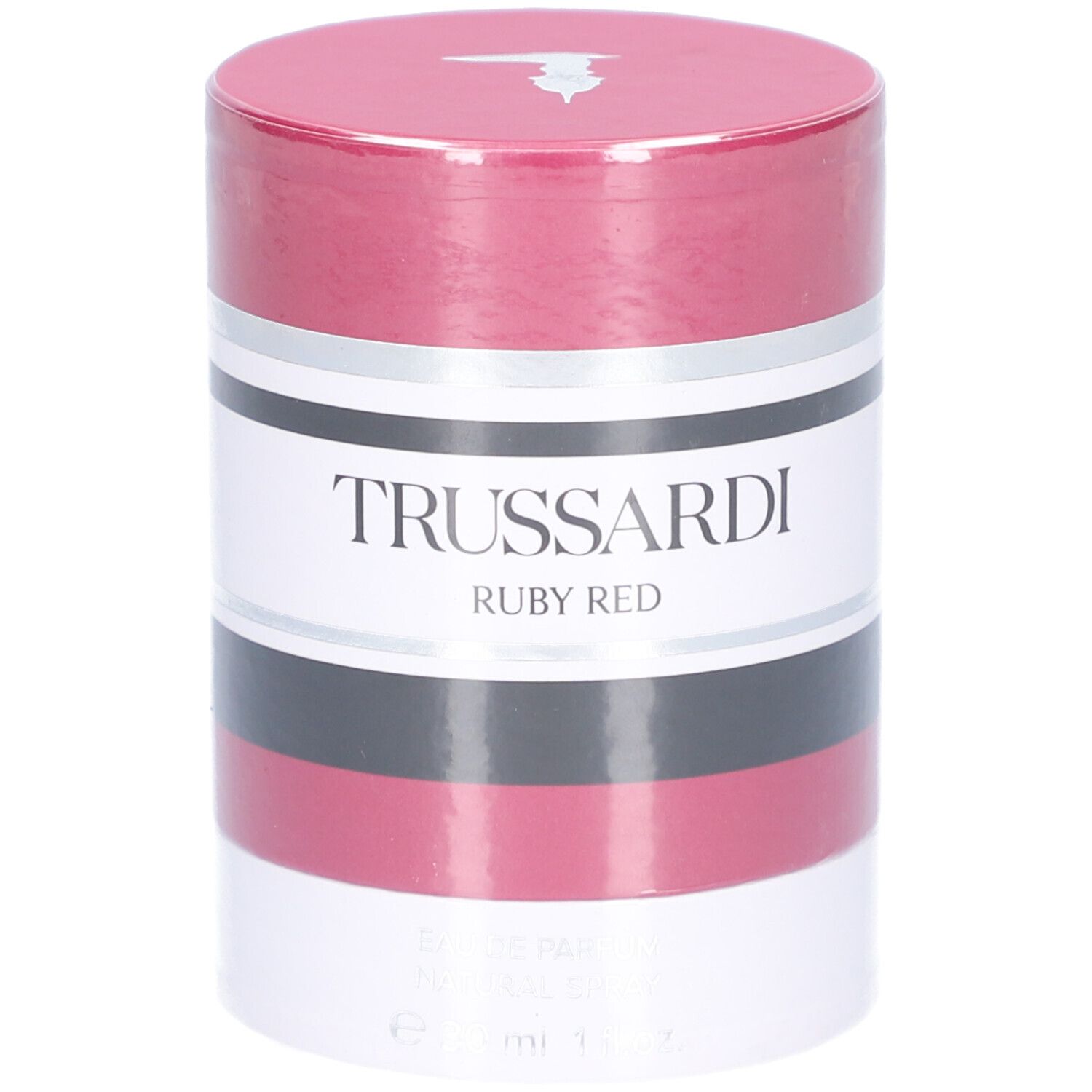 Zylindrische Verpackung. Trussardi Ruby Red. Rot, Schwarz, Weiß. Silberne Akzente. Deckel mit Logo.