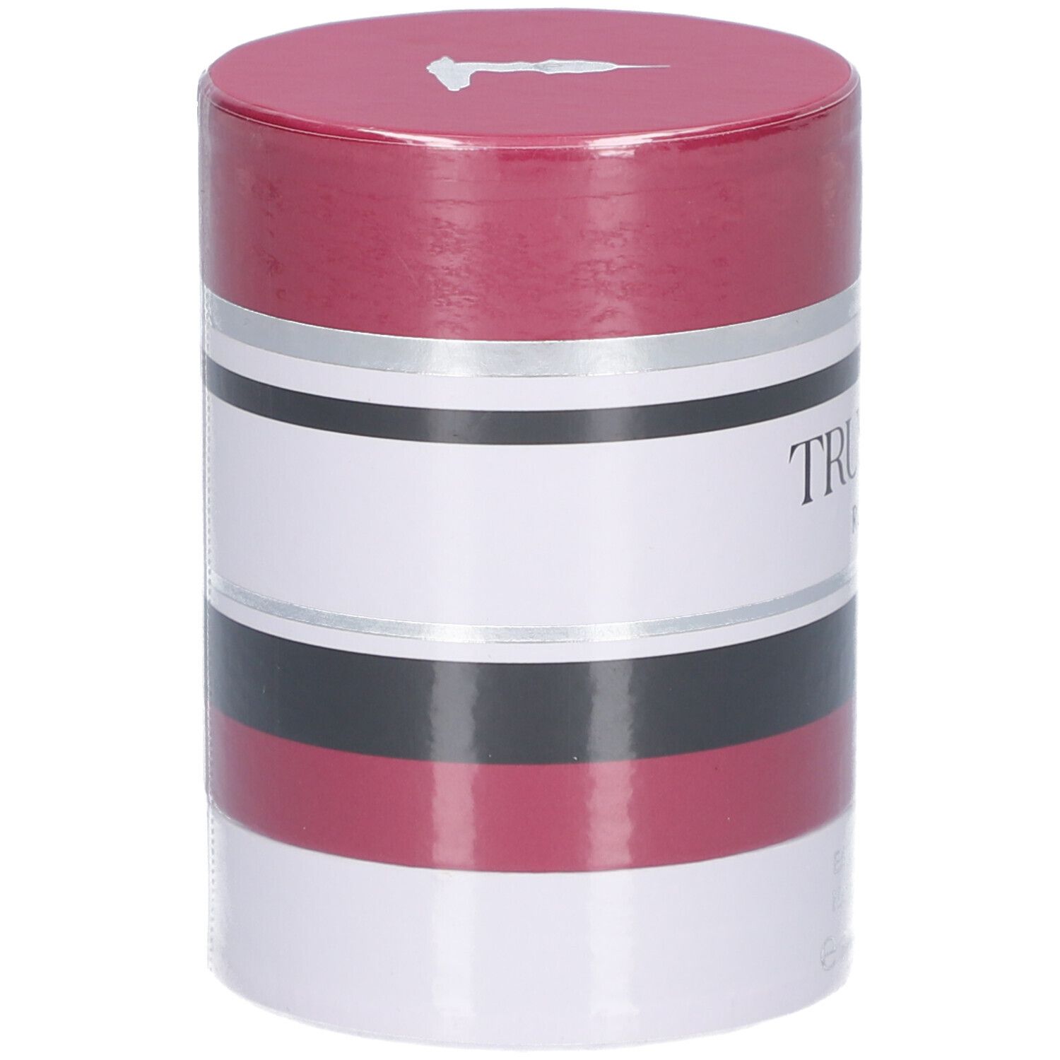 Zylindrische Verpackung. Trussardi Ruby Red. Rot, Schwarz, Weiß. Silberne Akzente. Deckel mit Logo.